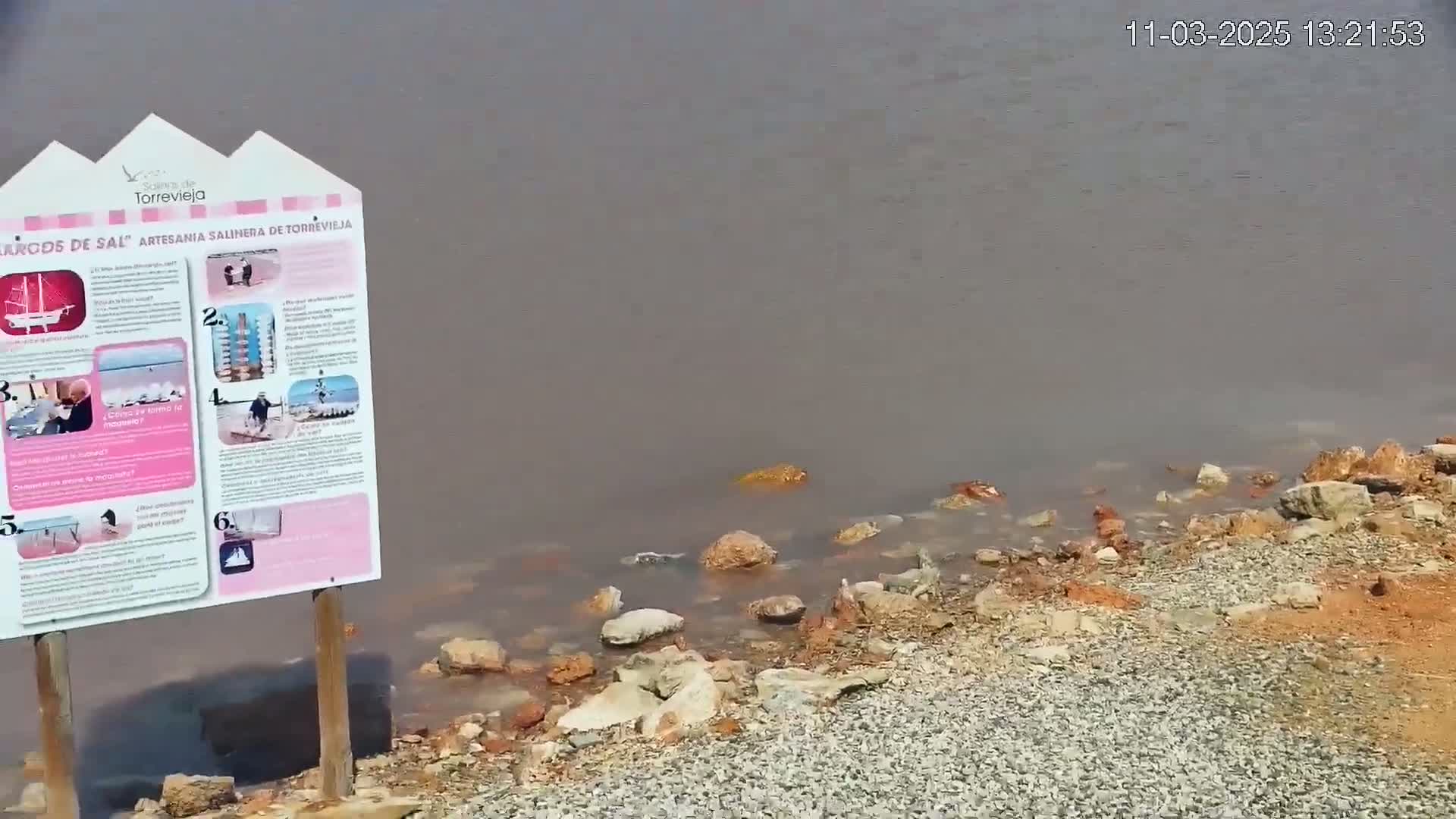 A pink-hued body of water laps a rocky shoreline, with a descriptive informational sign nearby.
