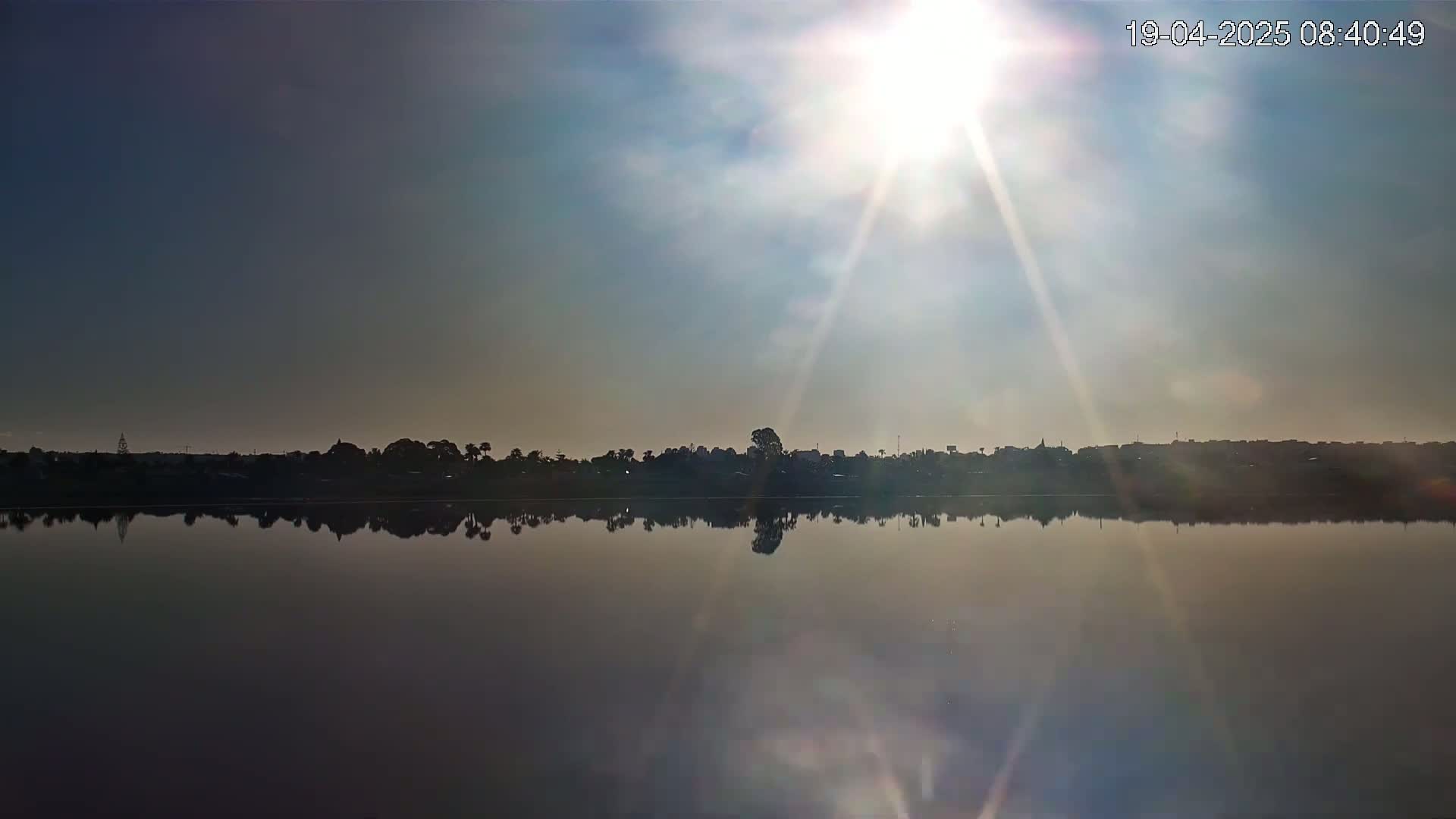 A calm body of water reflects a sunlit tree line under a mostly clear sky.