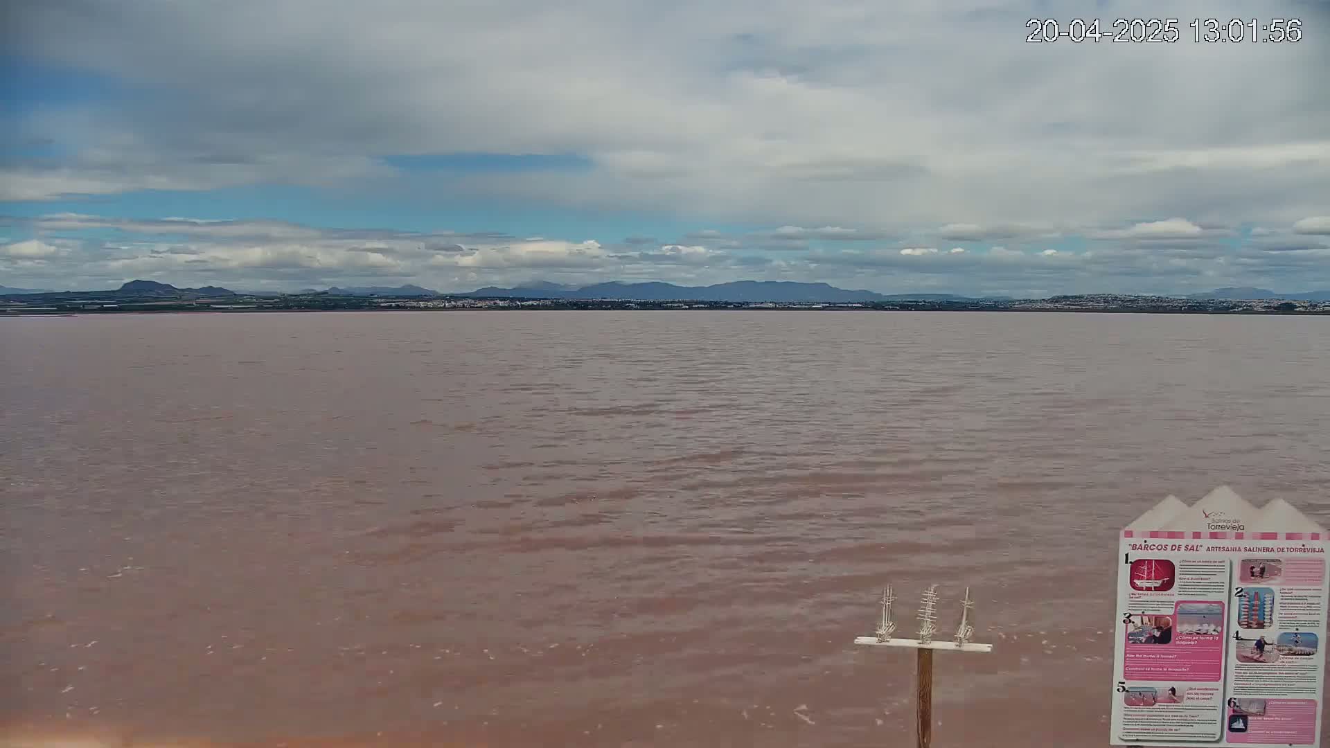 A calm, pinkish-brown body of water stretches to a distant shoreline of low-lying hills under a partly cloudy sky.
