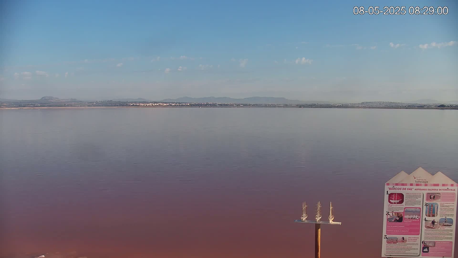 A calm, pinkish lake stretches to a distant shoreline under a clear, bright blue sky with a few scattered clouds.