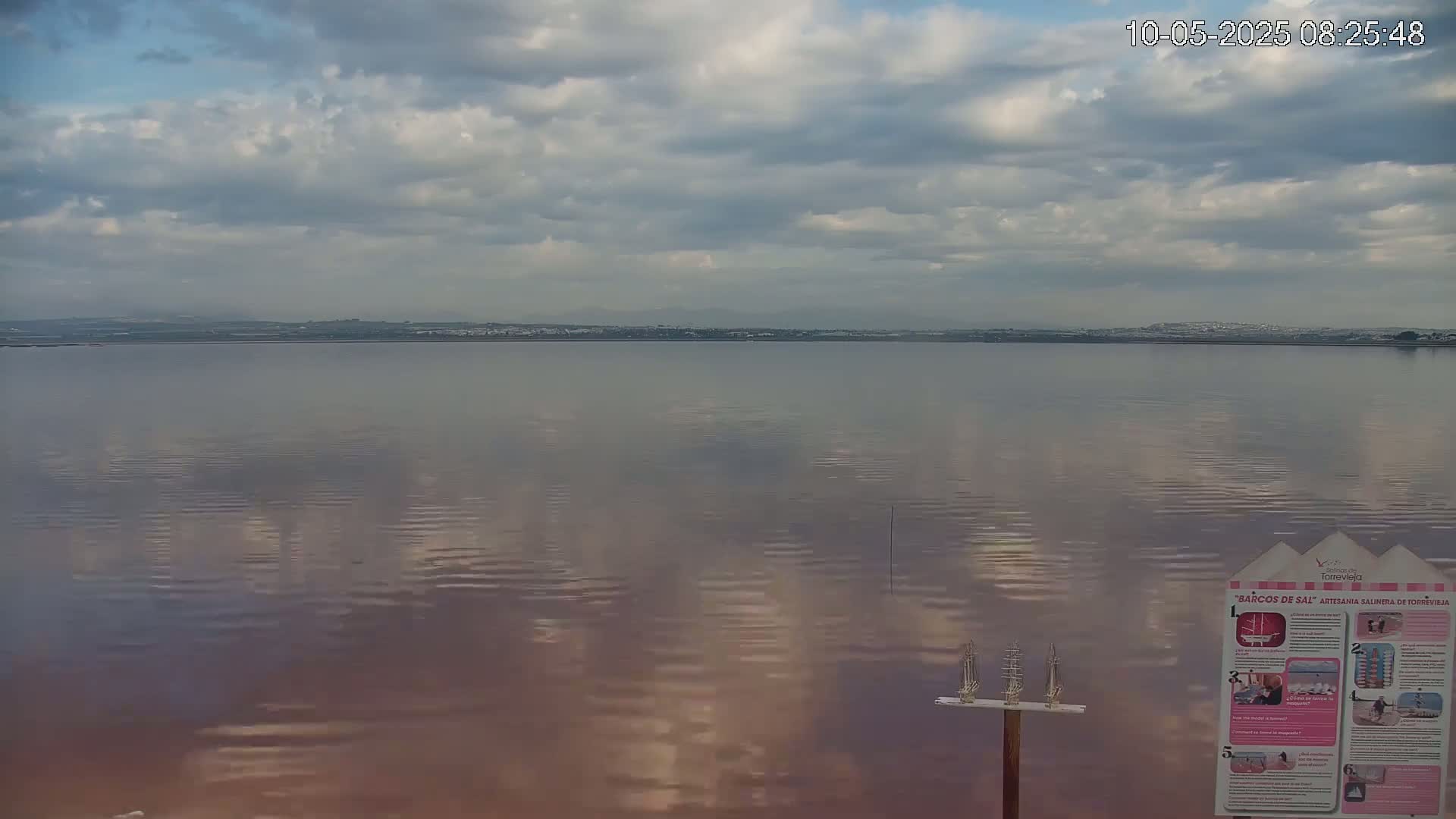 A calm, pinkish lake reflects a cloudy sky, with a distant shoreline visible in the background.
