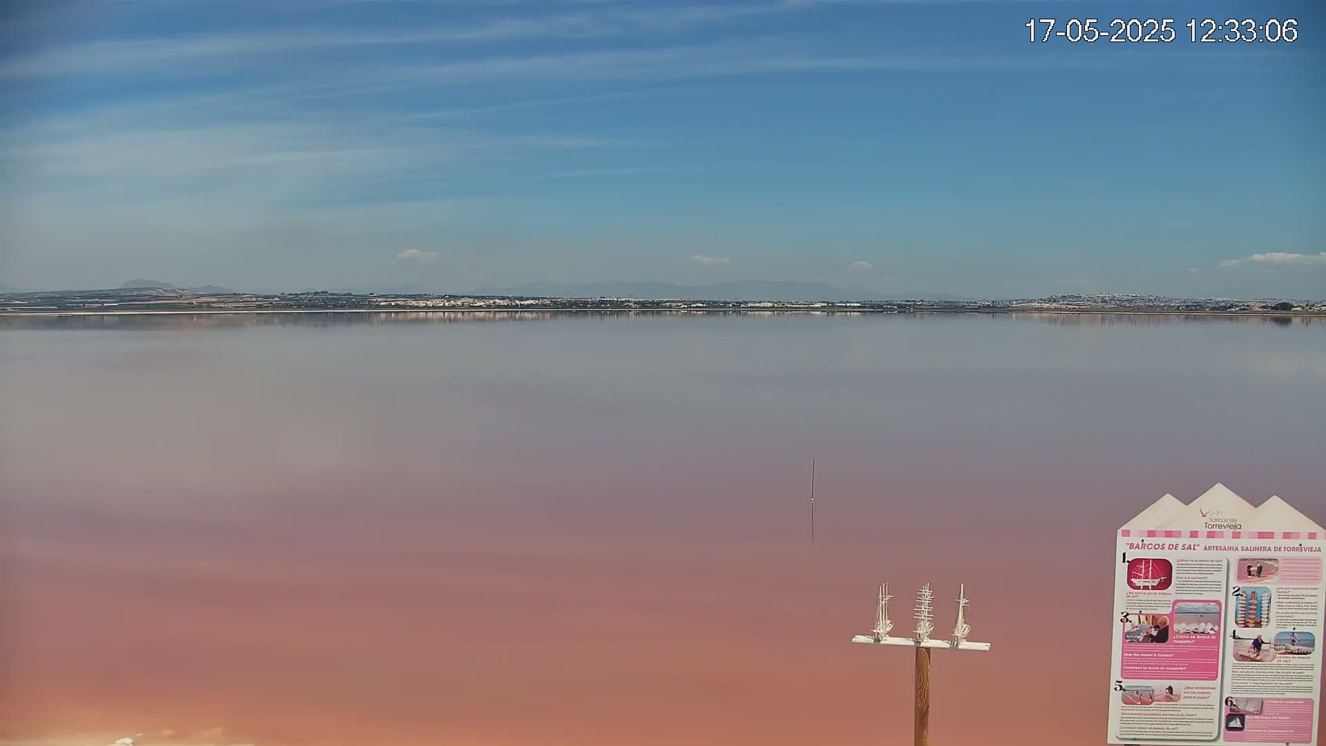 A pink salt lake stretches to a distant shoreline under a mostly clear blue sky.