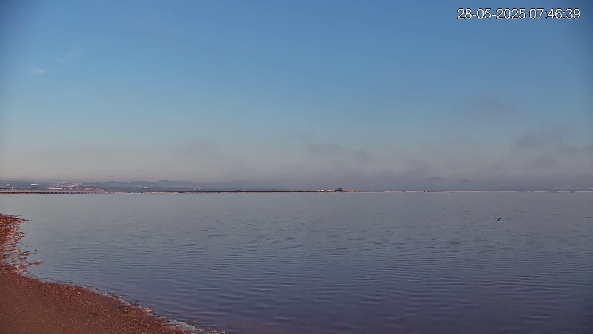 A calm, purplish-hued body of water stretches to a hazy horizon under a clear blue sky.
