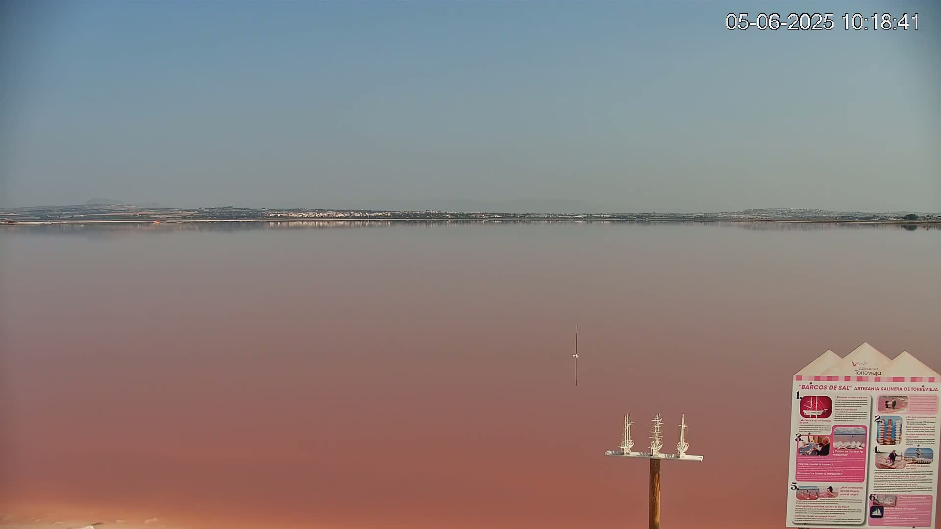 A calm, pink lake stretches to a distant shoreline under a clear sky.
