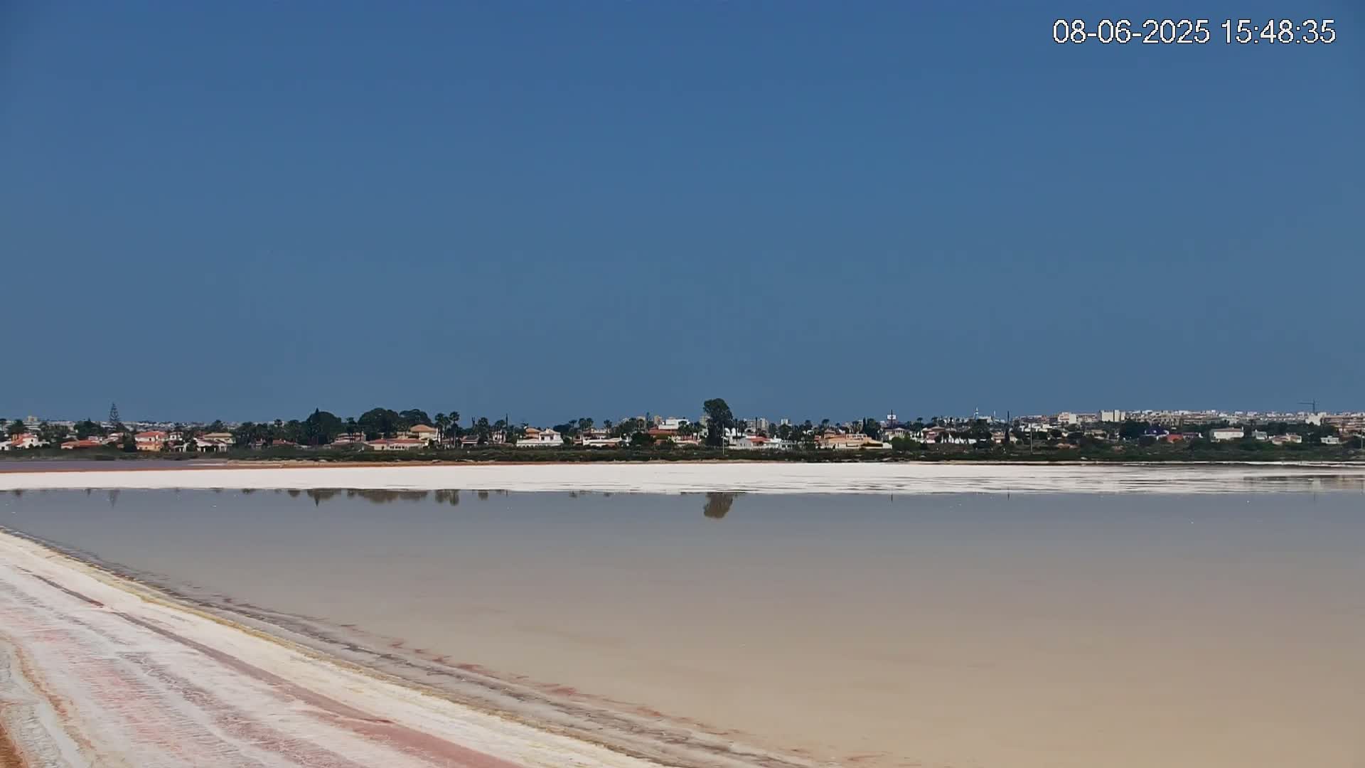 A calm, pale pink and white salt lake stretches to a distant shoreline of low-rise buildings under a clear blue sky.