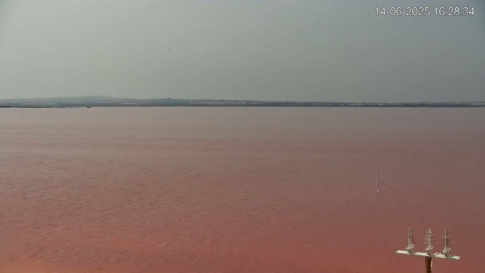 A pink body of water stretches to a distant, hazy shoreline under a cloudy sky.