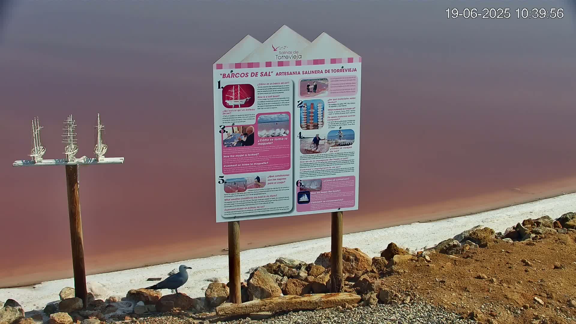 A pink salt lake is bordered by a rocky shoreline, where a wooden post holds miniature model sailboats, and a nearby informational sign is displayed.
