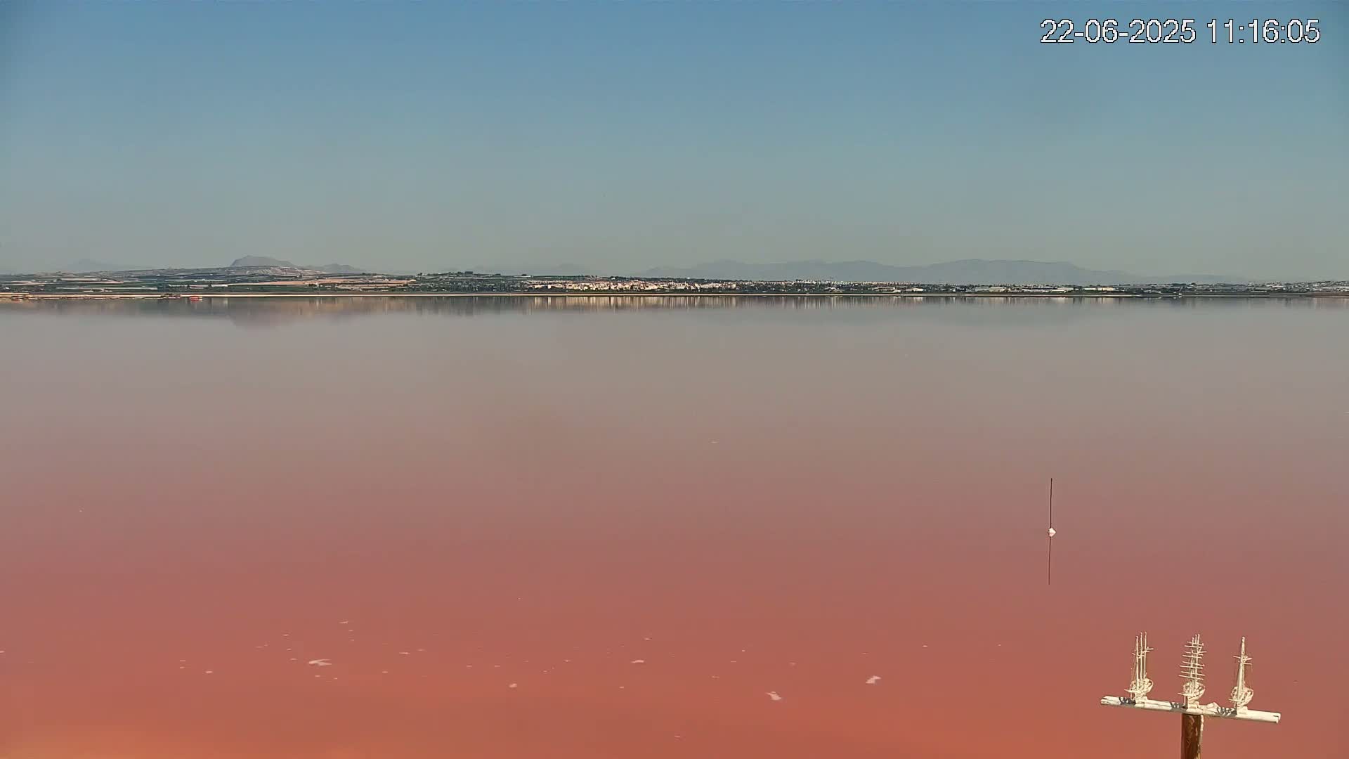 A calm, pink lake reflects a distant shoreline under a clear sky.