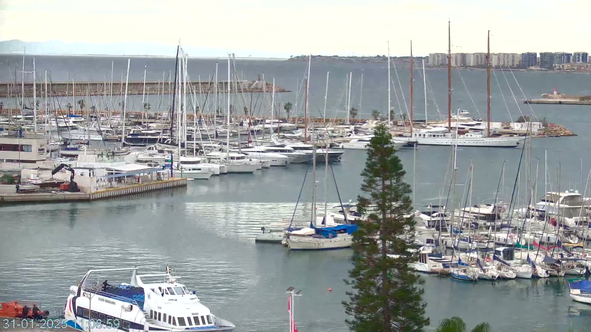 A marina filled with numerous sailboats and motorboats on a cloudy day.
