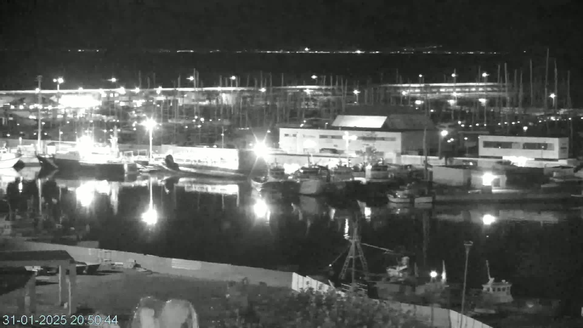 A nighttime, black and white view of a harbor filled with boats and buildings, reflecting in calm water under artificial lights.