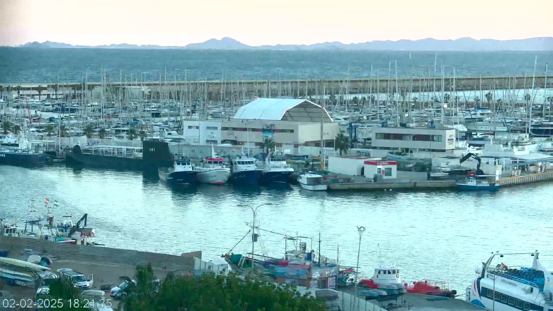A harbor filled with numerous sailboats and fishing vessels under a calm, light sky with distant mountains visible on the horizon.