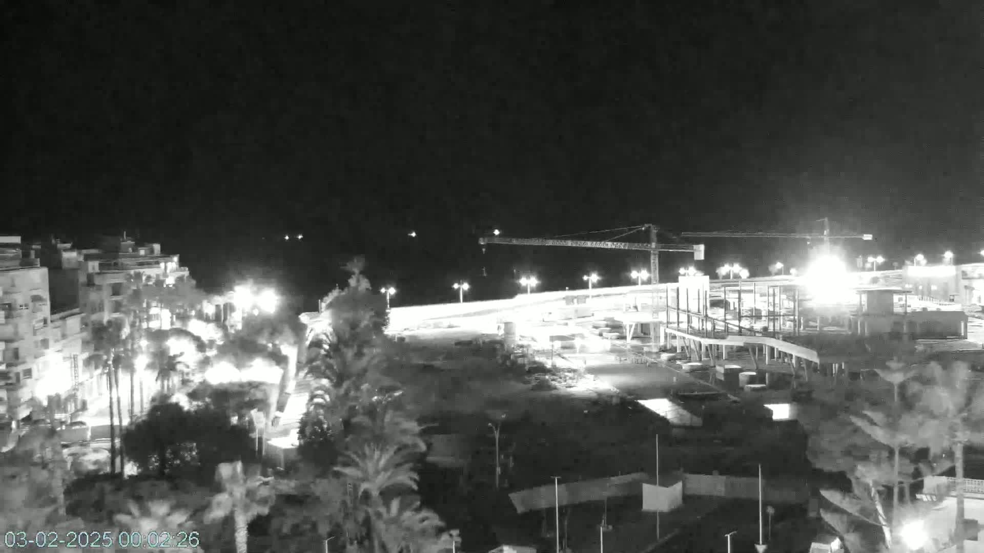 A nighttime, low-light view of a coastal town shows a construction site with a crane near a body of water, palm trees, and buildings illuminated by artificial light.