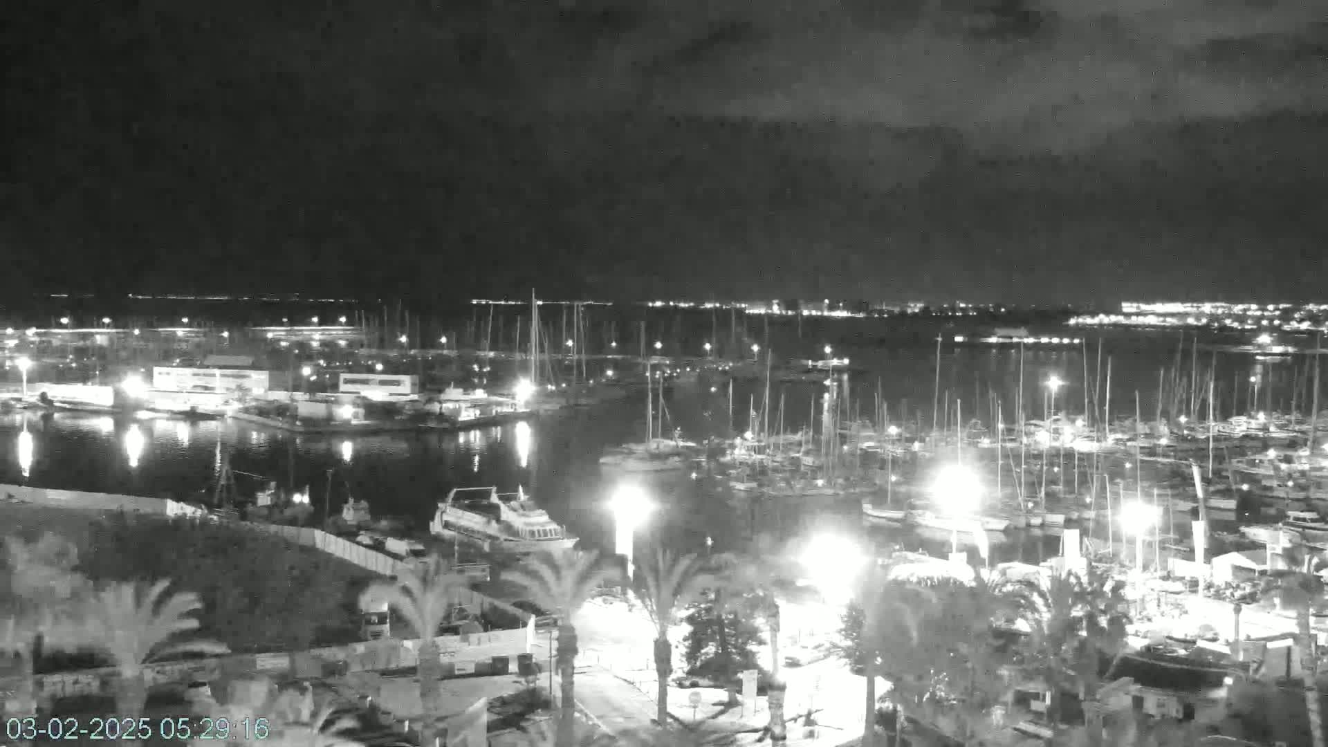 A nighttime, grayscale view of a harbor filled with numerous boats and yachts, illuminated by lights, under a partly cloudy sky.