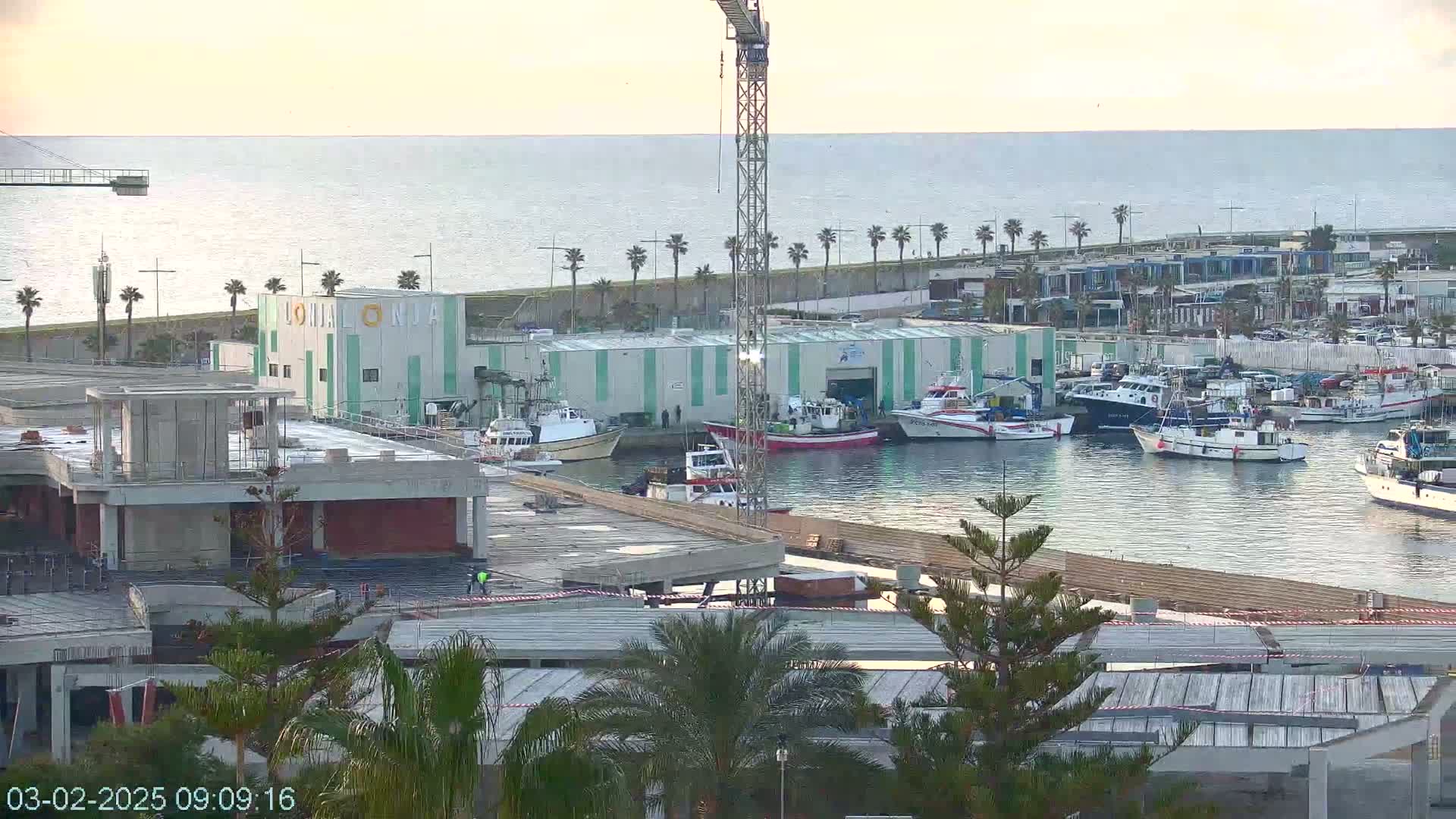 A harbor filled with numerous fishing boats under a calm, light sky, with a large building and a construction crane visible.