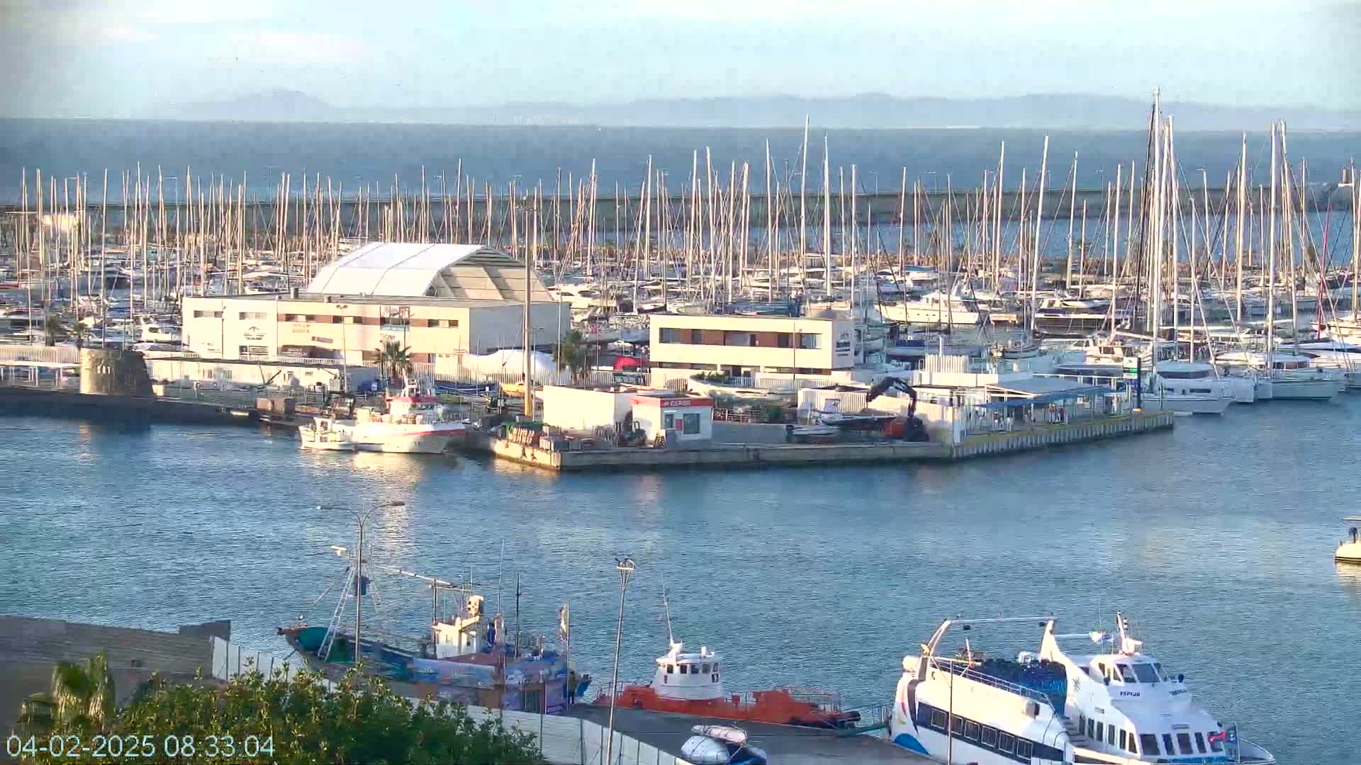 A calm harbor filled with numerous sailboats and motorboats, under a clear sky.