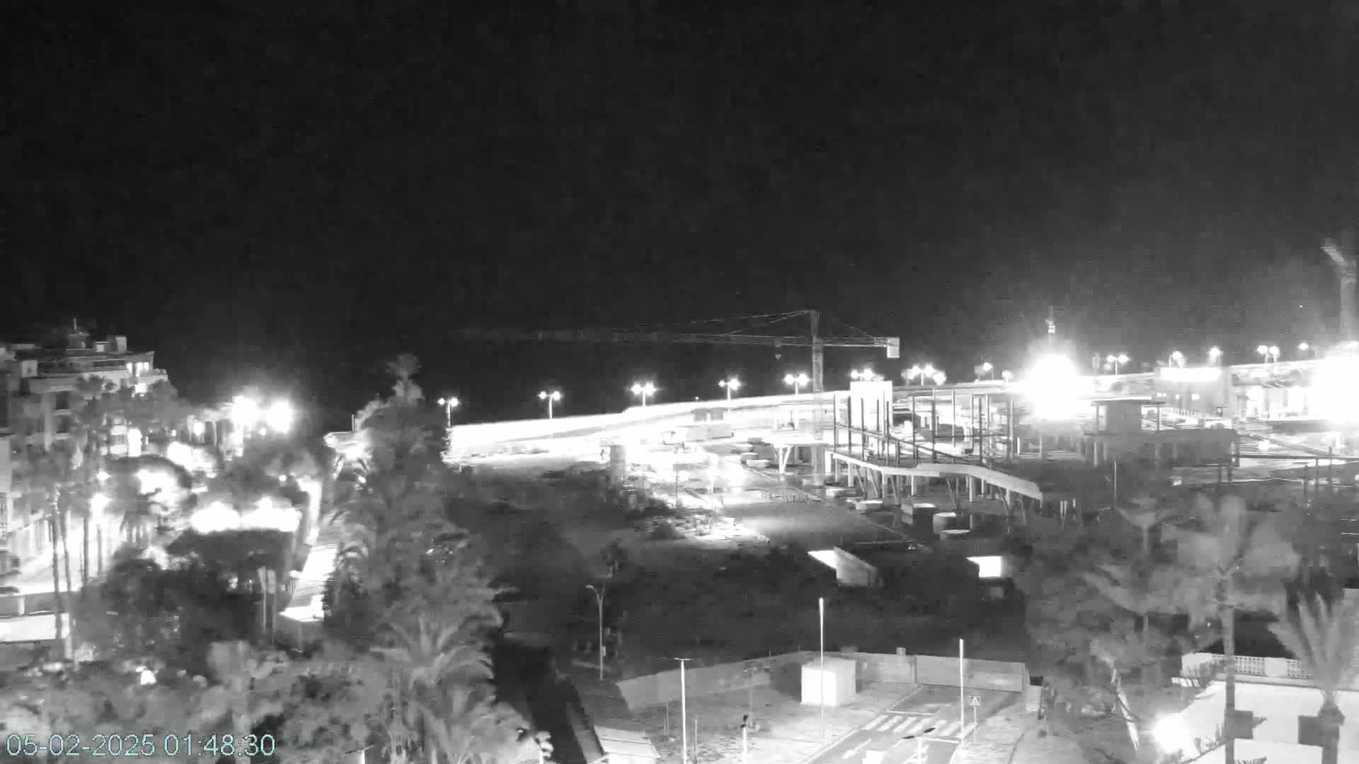 A nighttime, low-light view of a coastal construction site with palm trees and buildings in the foreground, under a clear, dark sky.