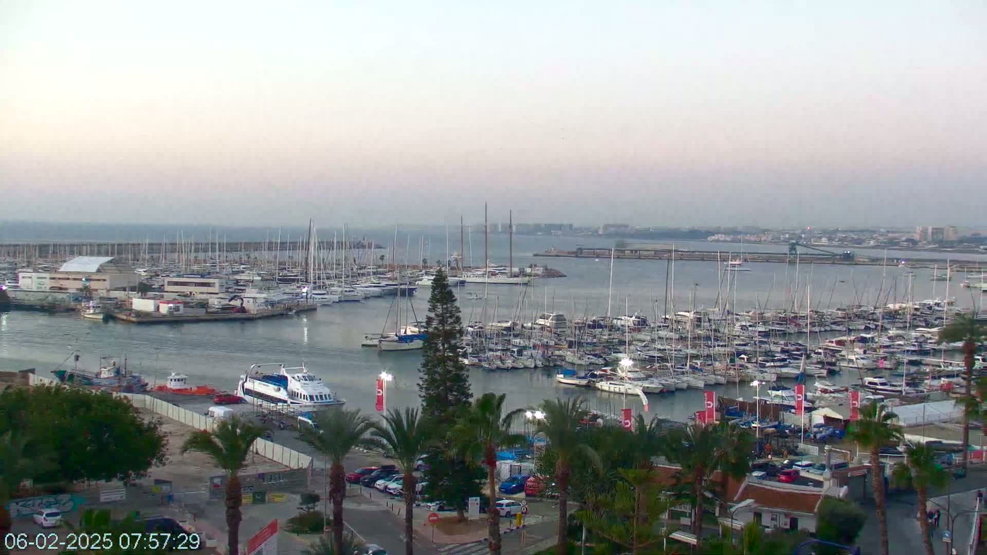 A hazy day overlooks a marina filled with numerous sailboats and motorboats, with palm trees and buildings visible in the foreground.