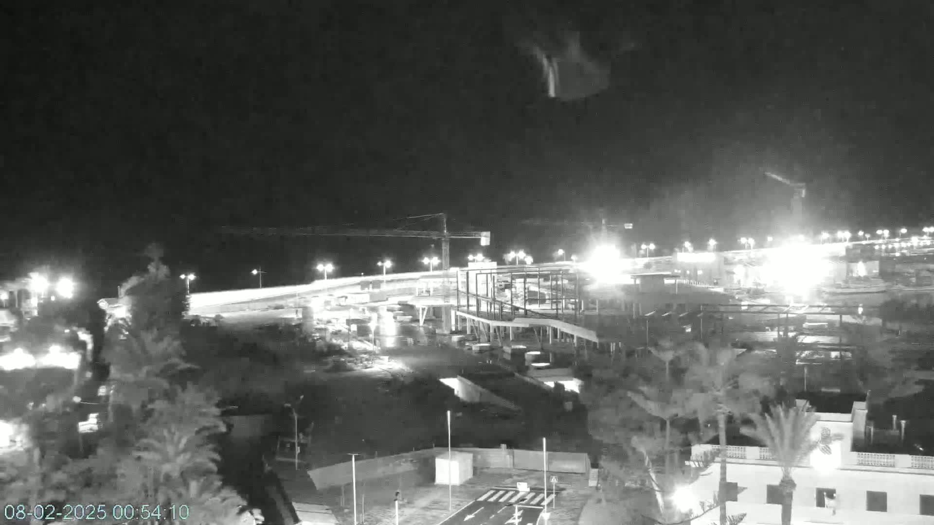 A nighttime, black and white view of a construction site near a body of water, illuminated by artificial lights.