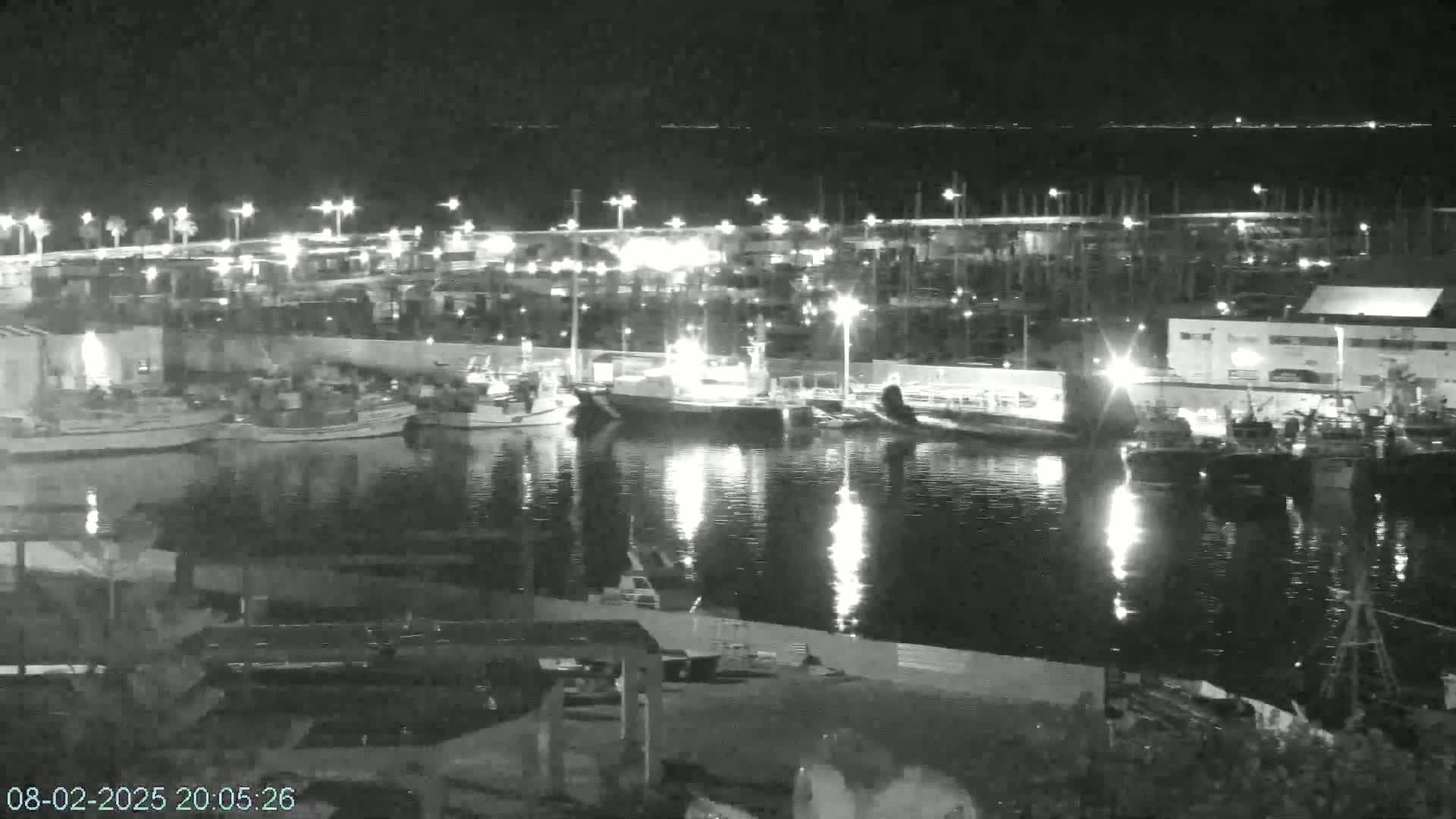 A nighttime, low-light view of a harbor filled with boats, illuminated by lights along the docks and on the boats themselves.