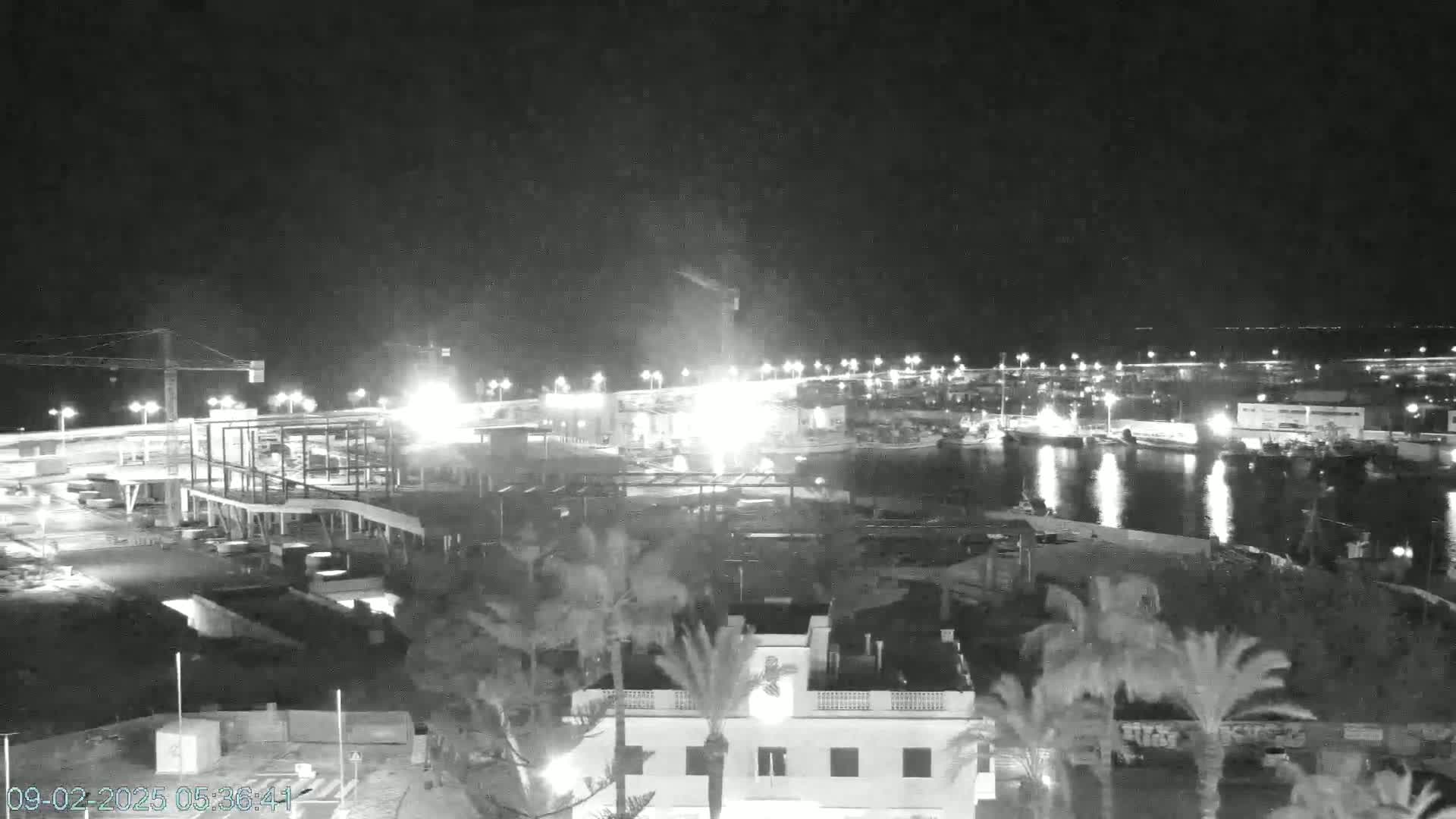A nighttime, high-angle view shows a harbor with boats, construction work, and palm trees near buildings under a clear, dark sky.