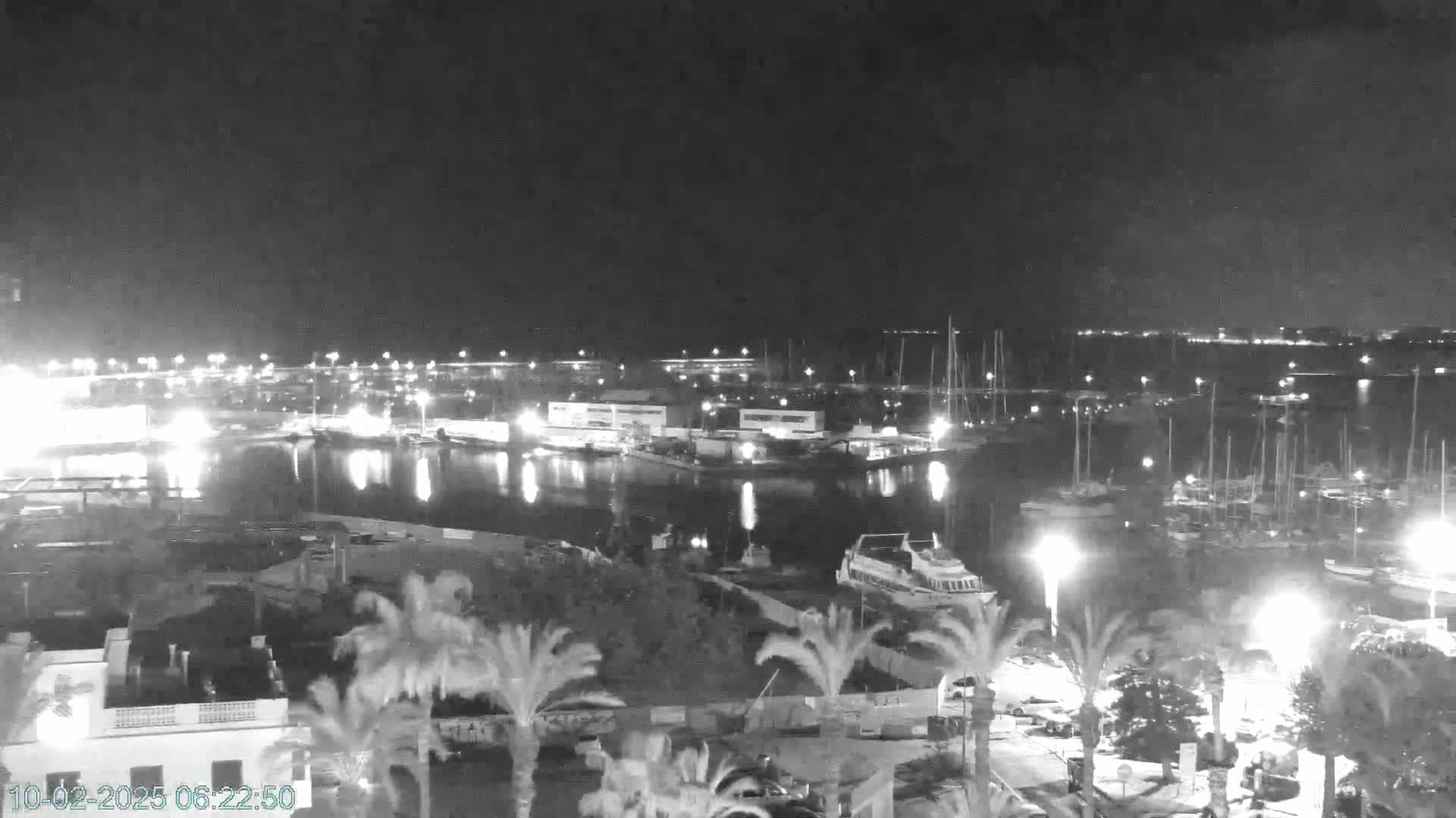 A nighttime, low-light view of a harbor filled with boats, surrounded by buildings and palm trees.
