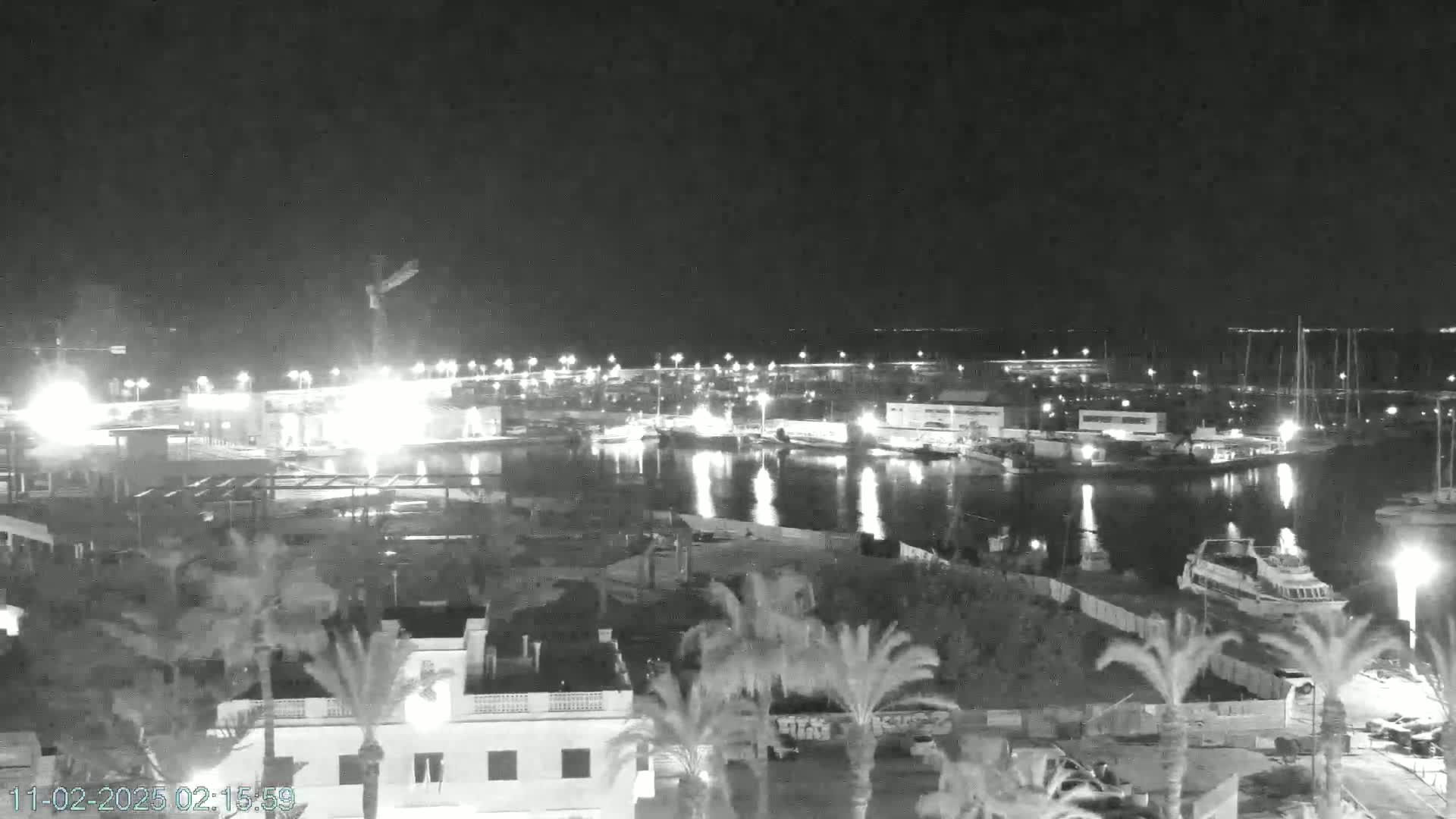 A nighttime, high-angle view shows a harbor with boats and buildings illuminated by artificial light.