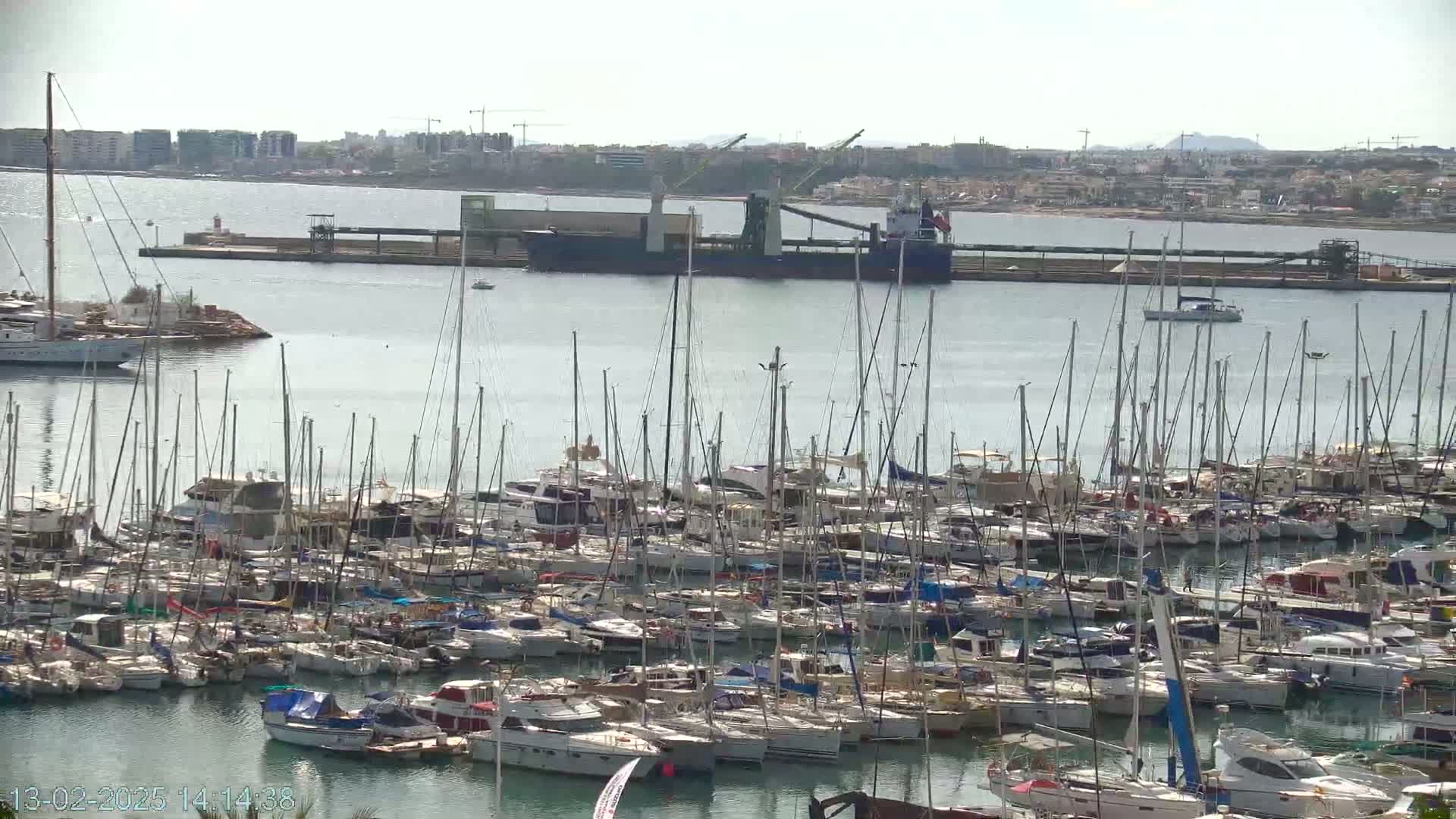 A large cargo ship is docked near a marina filled with numerous sailboats and motorboats on a calm, sunny day.