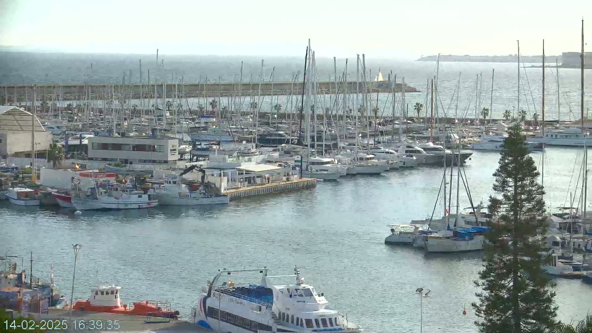 A marina filled with numerous sailboats and motorboats is shown on a calm, sunny day.
