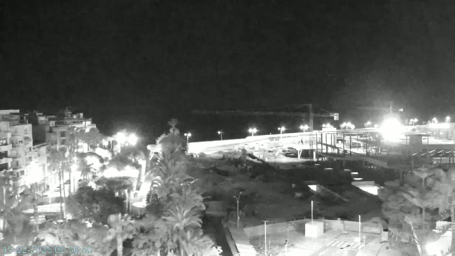 A nighttime, low-light view of a coastal town with palm trees, buildings, and a partially-constructed structure near the water.