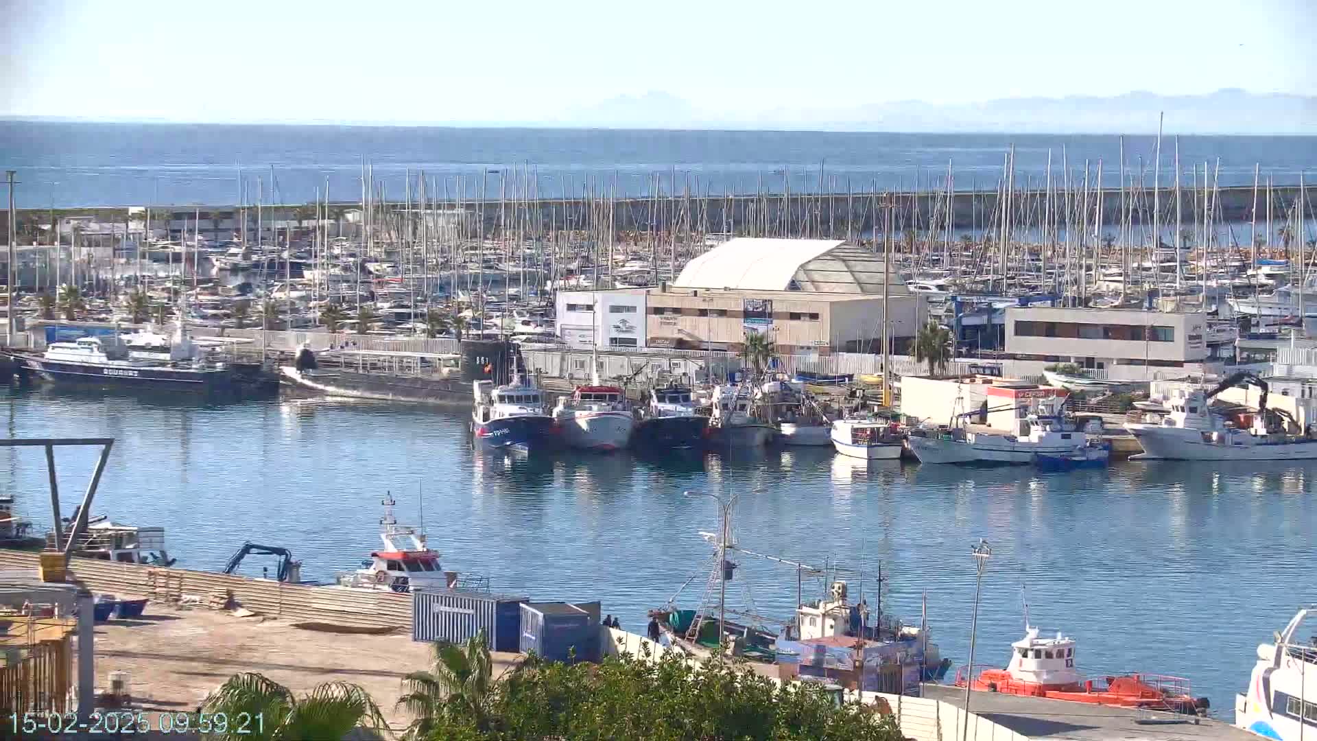 A harbor filled with numerous sailboats and fishing vessels, under a clear, sunny sky, with a calm sea extending to distant mountains in the background.