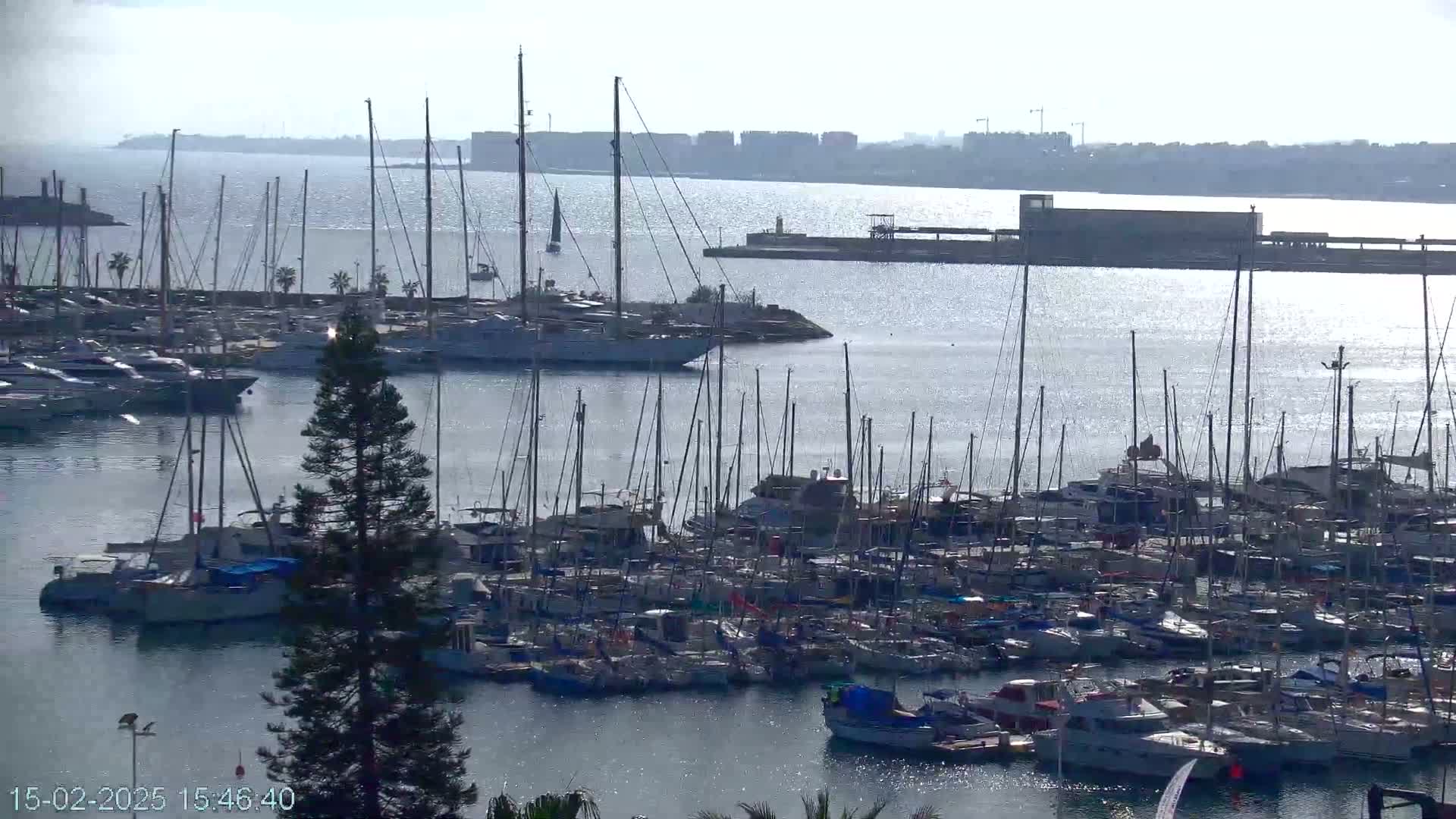 A marina filled with numerous sailboats and motorboats on a calm, sunny day, with a larger vessel docked further out in the bay.