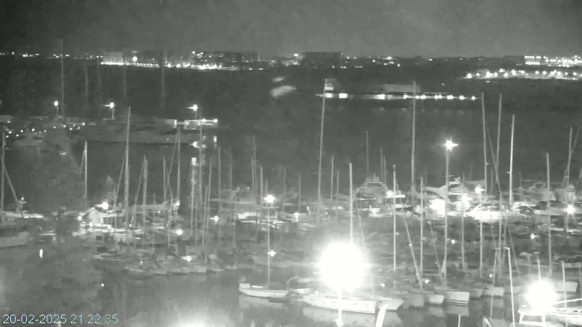 A nighttime, low-light view of a marina filled with numerous sailboats and motorboats, with a city skyline faintly visible in the distance.