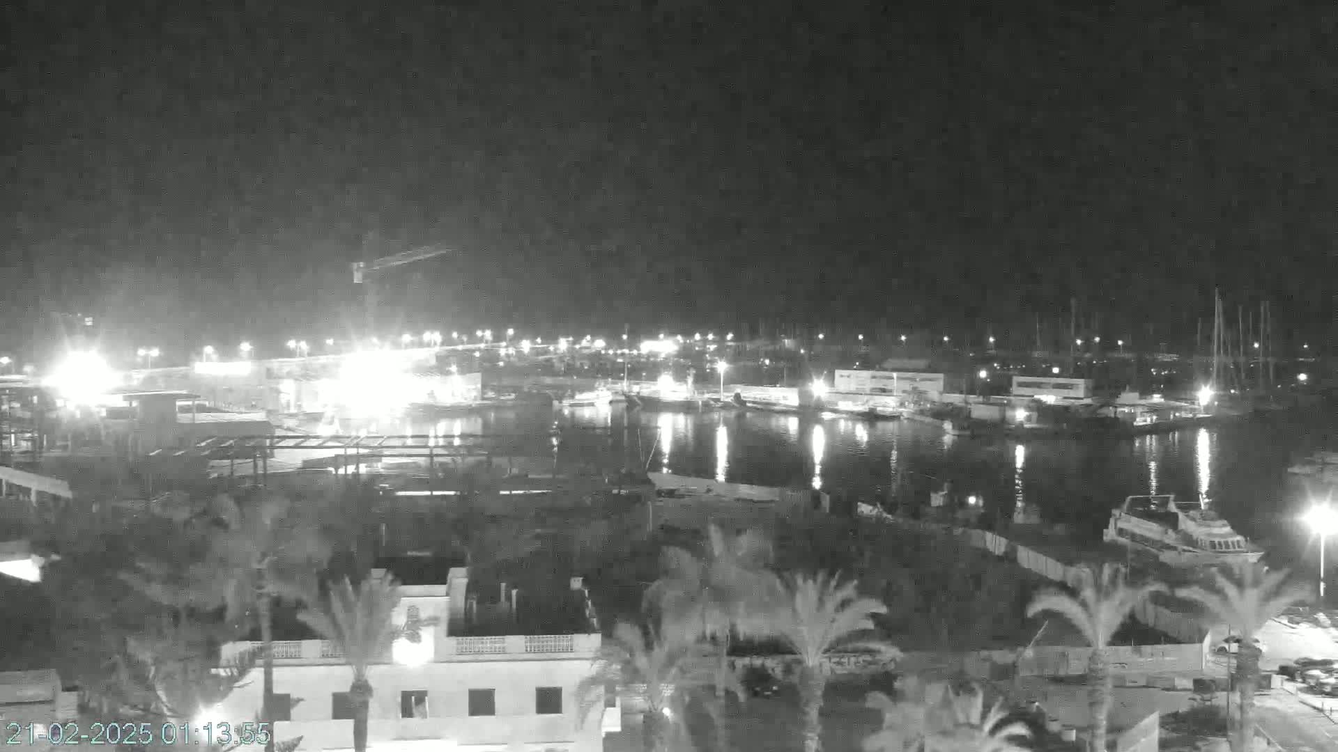 A nighttime view of a harbor with boats and buildings, illuminated by lights, under a clear sky.