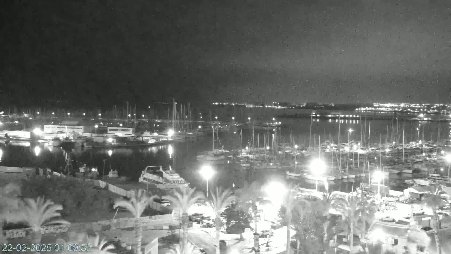 A nighttime, high-angle view of a harbor filled with numerous boats and yachts, illuminated by lights, under a dark sky.