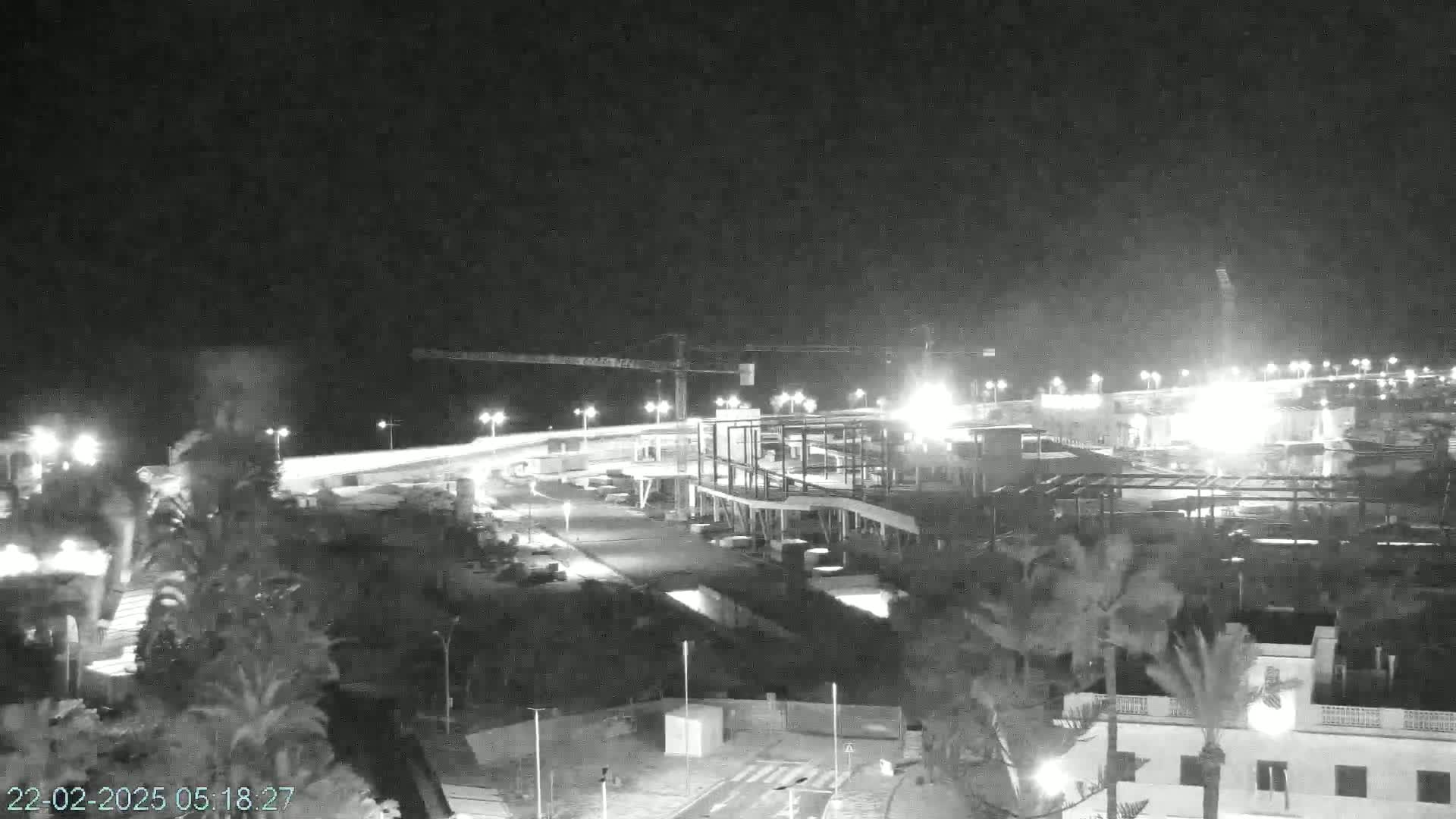 A nighttime, monochrome view shows a coastal construction site with a crane, illuminated buildings, and palm trees in the foreground.