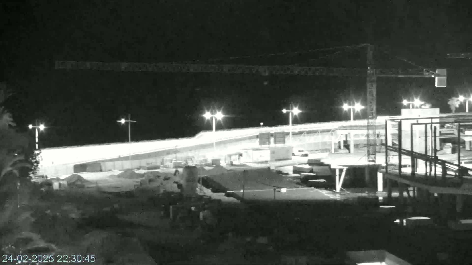 A nighttime, black and white image shows a construction site with a large crane, illuminated by artificial lights, under a clear, dark sky.