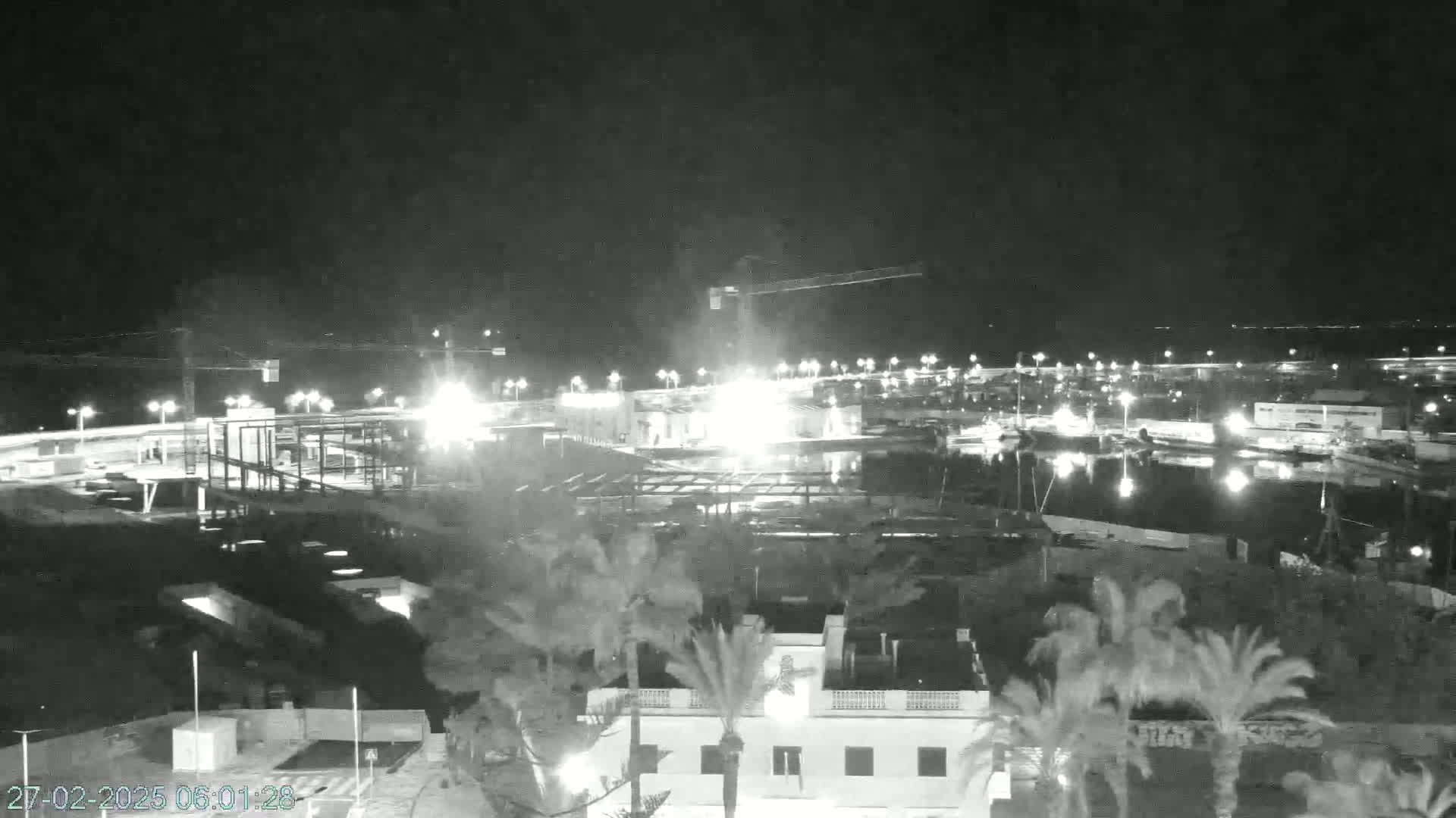 A nighttime, high-angle view shows a coastal area with construction underway, illuminated by artificial lights, and palm trees in the foreground.