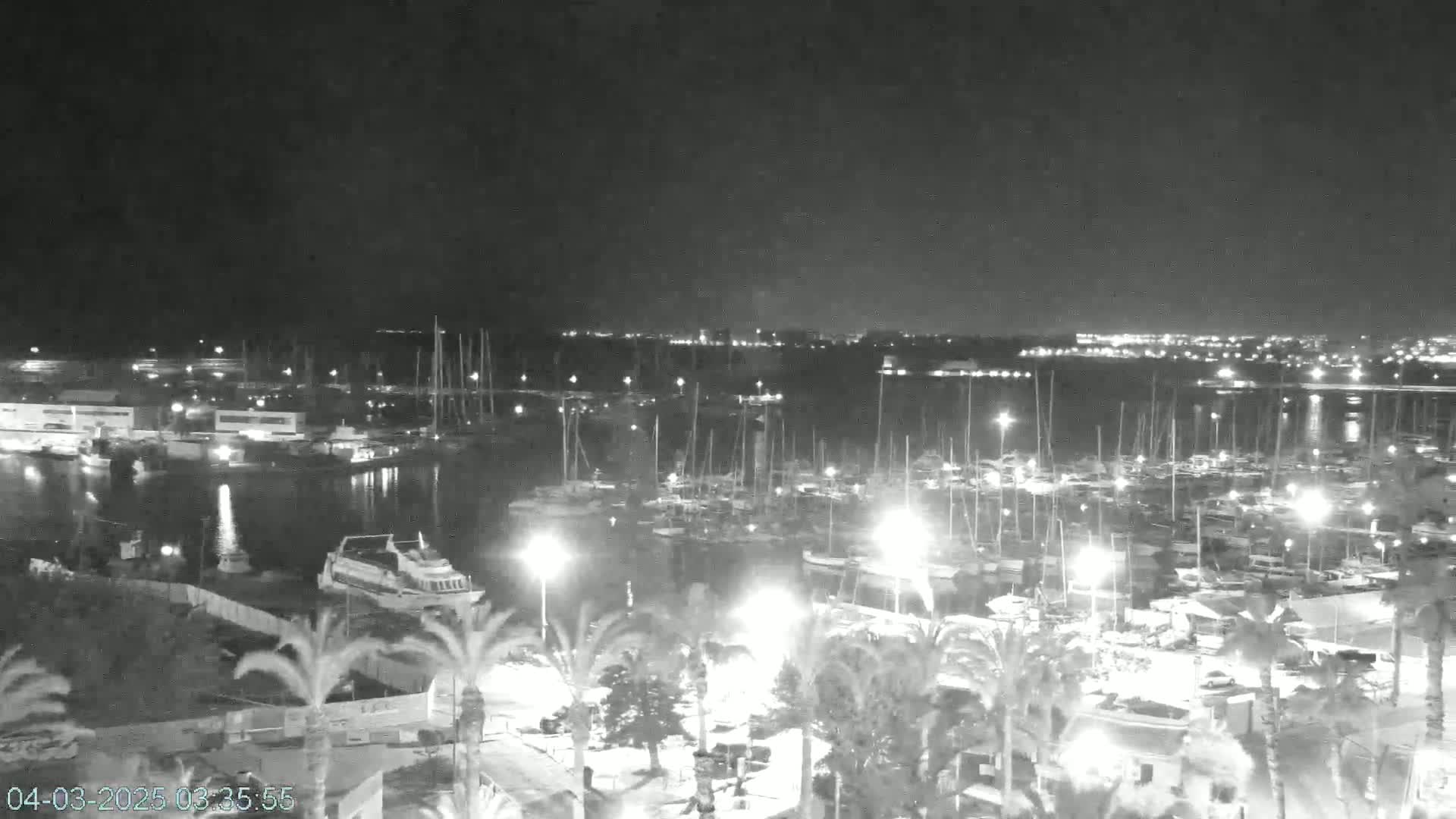 A nighttime view of a marina filled with boats and illuminated by lights, under a dark, clear sky.