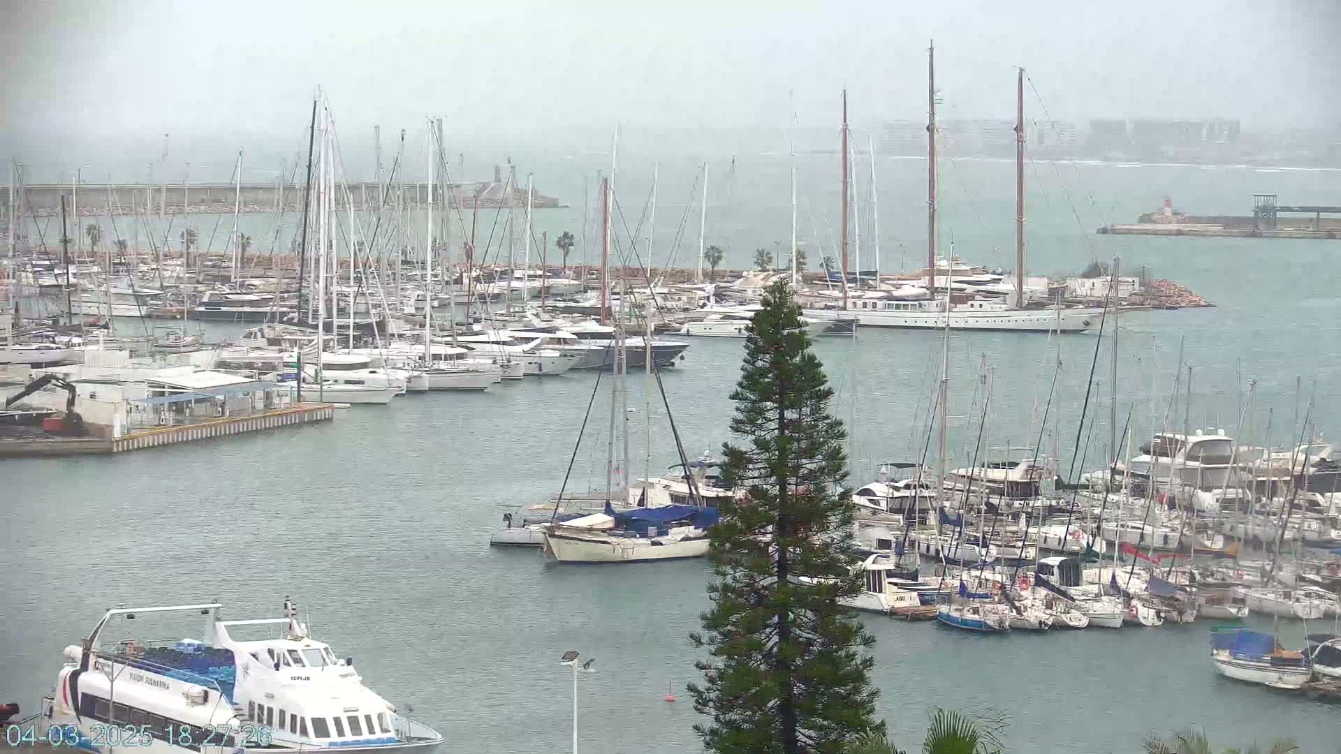 A marina filled with numerous sailboats and motorboats on a hazy, overcast day.