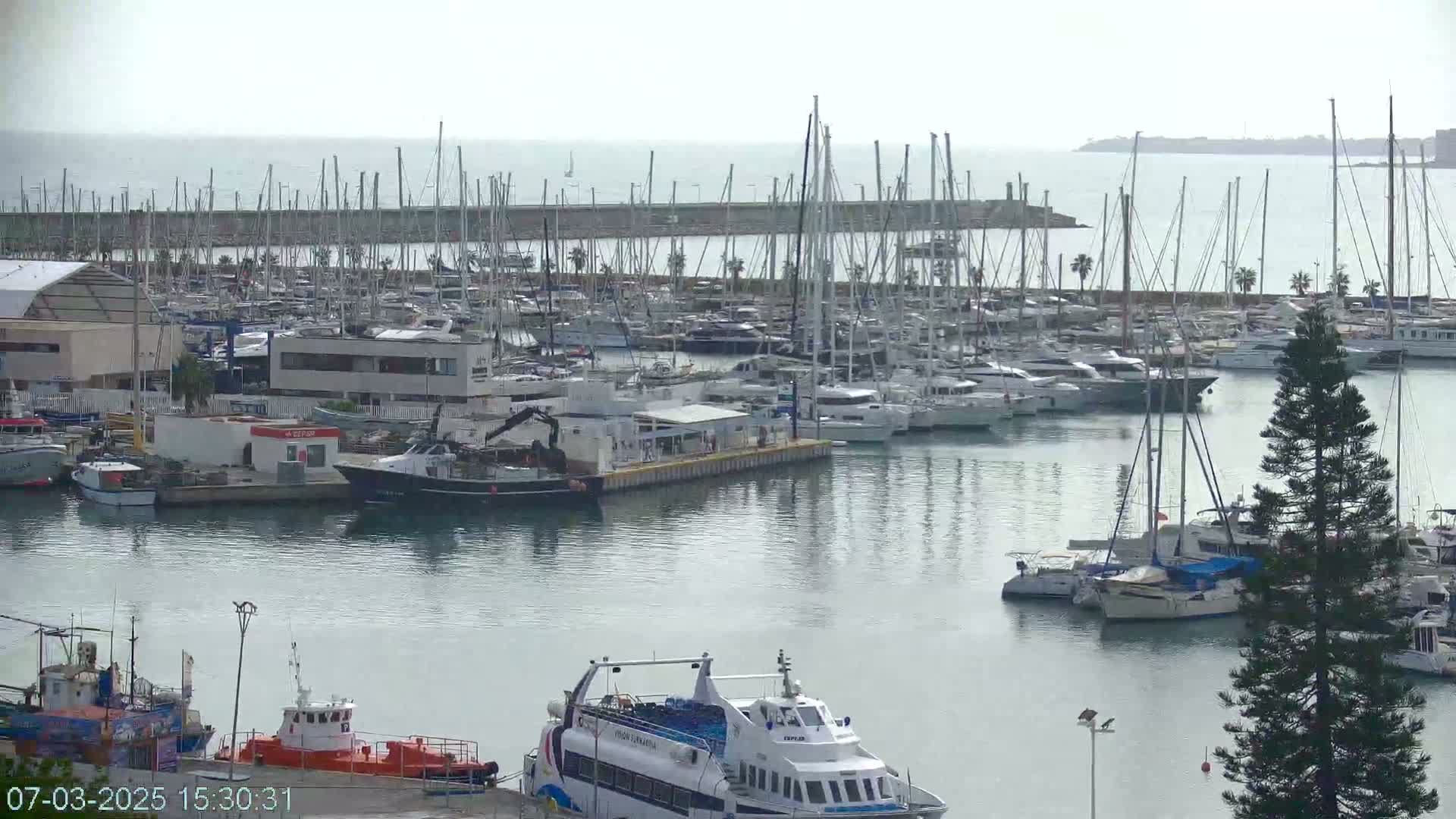 A harbor filled with numerous sailboats and motorboats on a calm, overcast day.