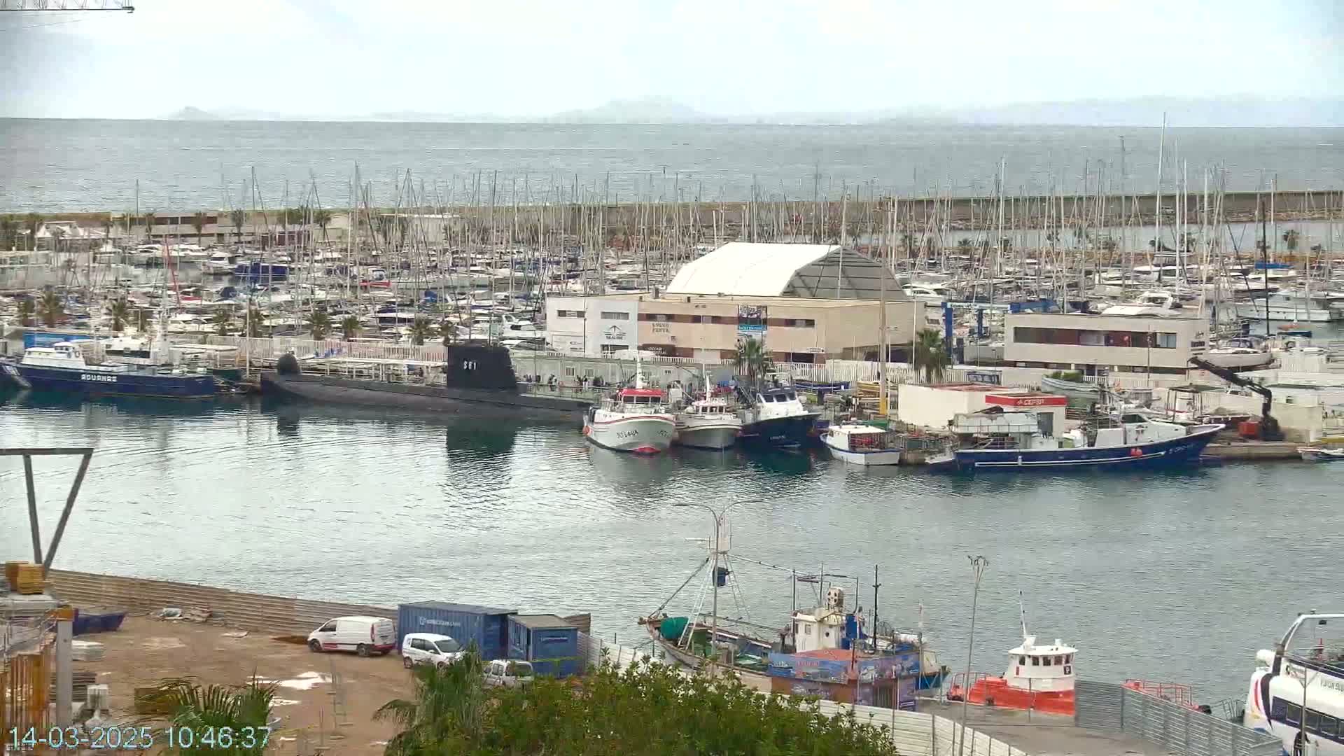 A harbor filled with numerous sailboats and fishing vessels, including a submarine, under an overcast sky.