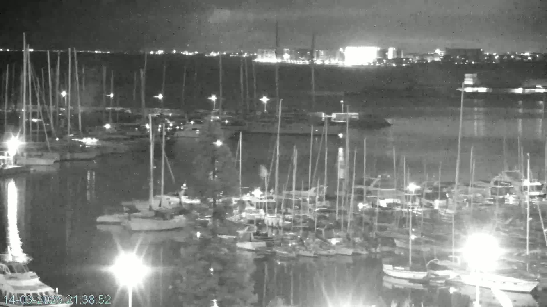A nighttime view of a marina filled with numerous sailboats and motorboats, with a city skyline faintly visible in the distance under a dark, clear sky.