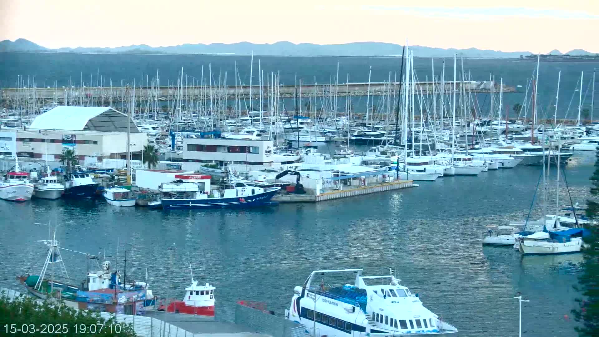 A marina filled with sailboats and motorboats, under a calm, clear sky, with mountains visible in the distance.