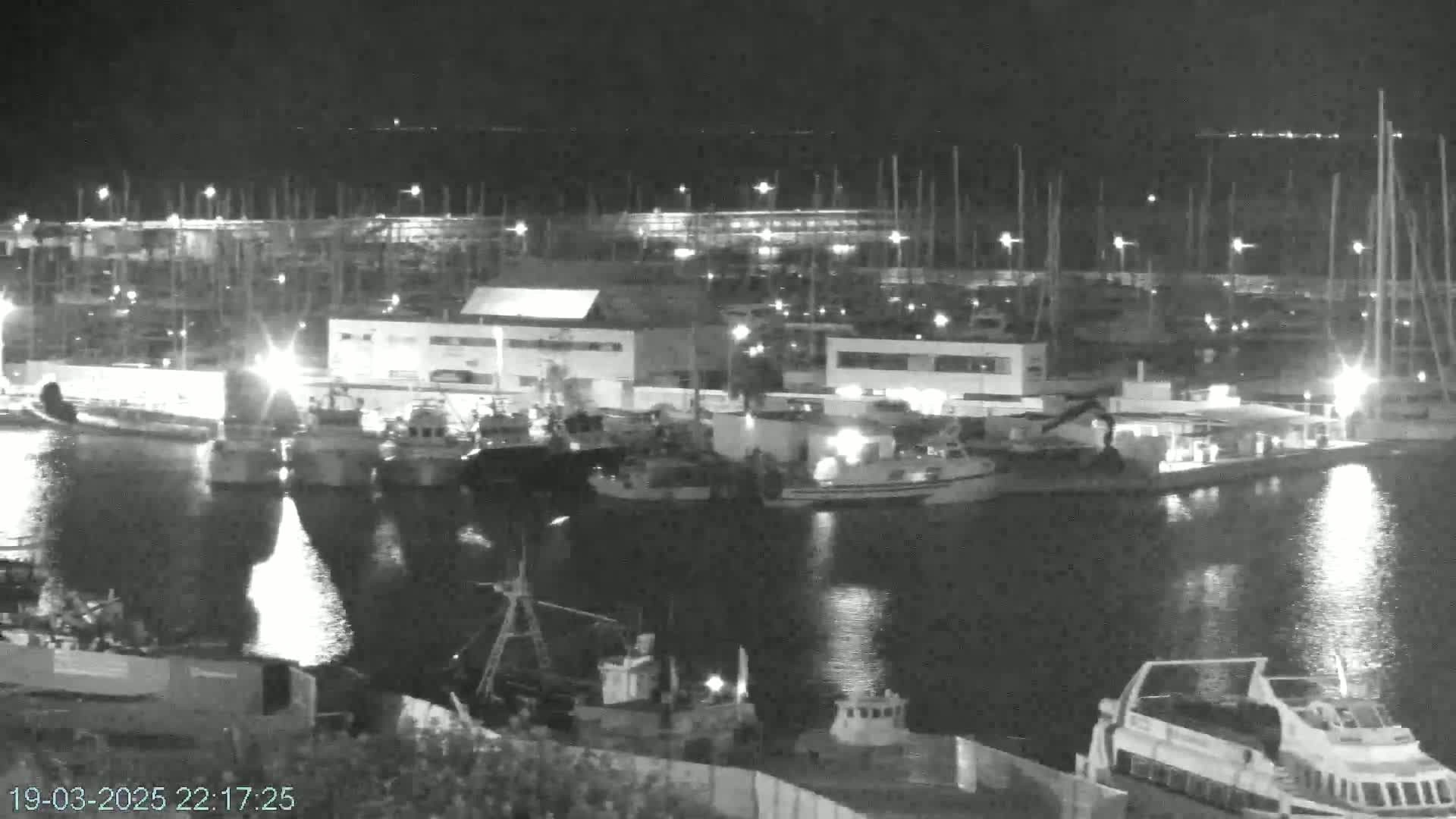 A nighttime, black-and-white view of a harbor filled with boats and illuminated by lights, reflecting on calm water.