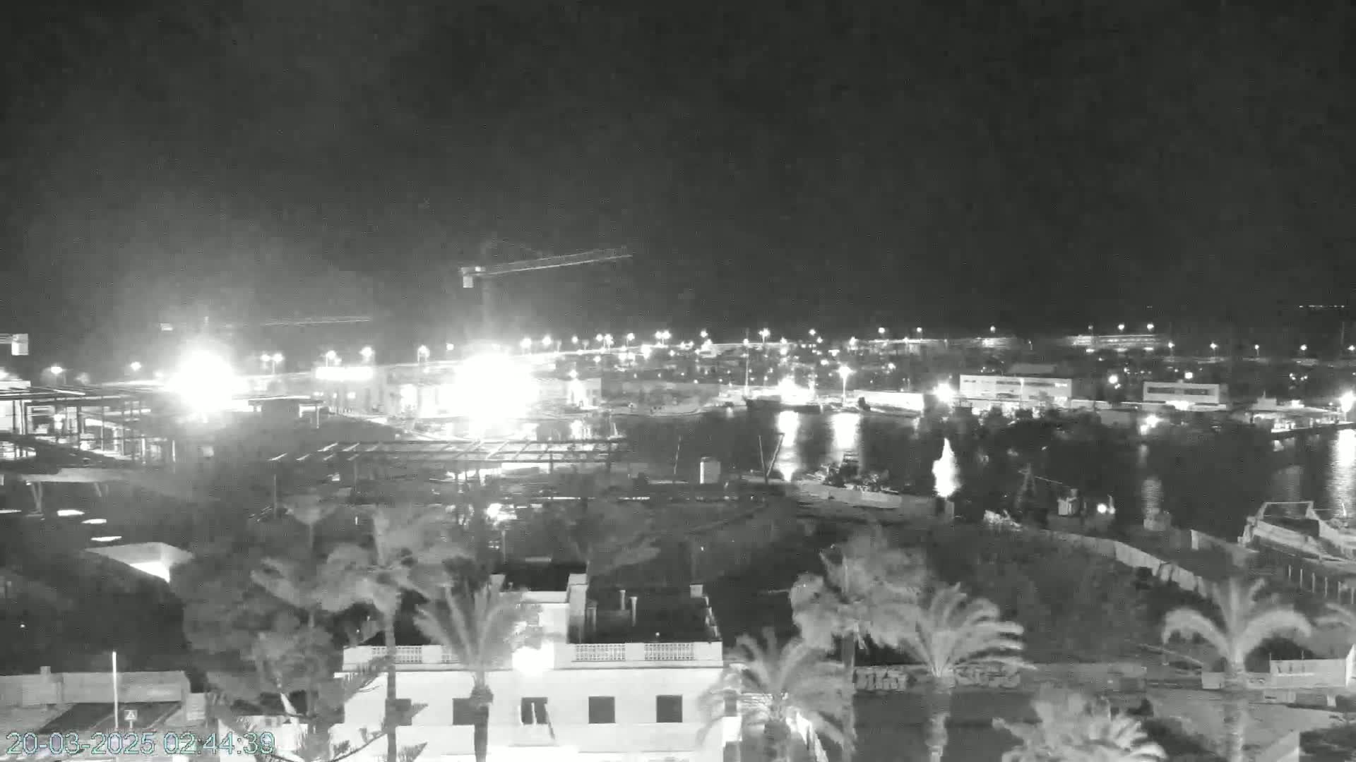 A nighttime, black and white view of a harbor with construction underway, illuminated by lights, and surrounded by palm trees.