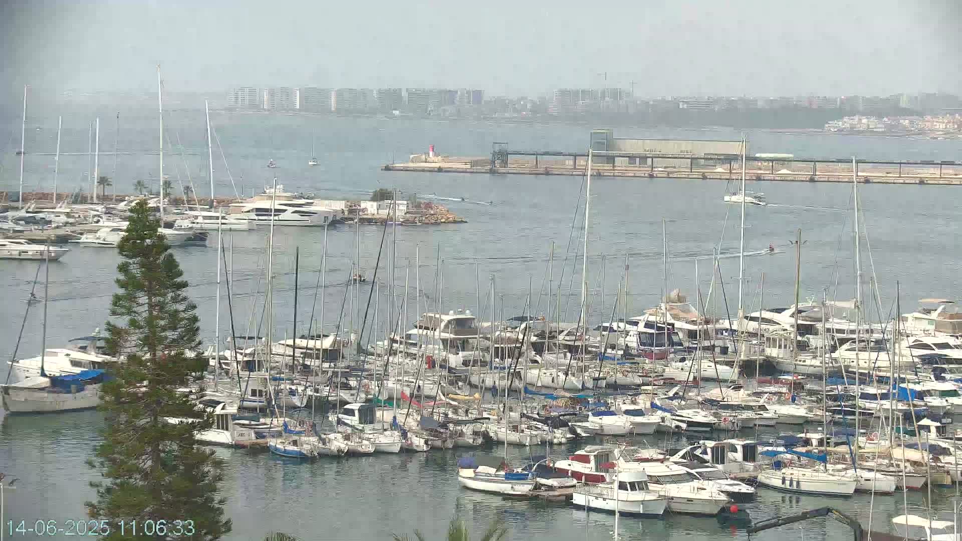 A hazy day reveals a marina filled with numerous sailboats and motorboats, with a city skyline visible in the distance.