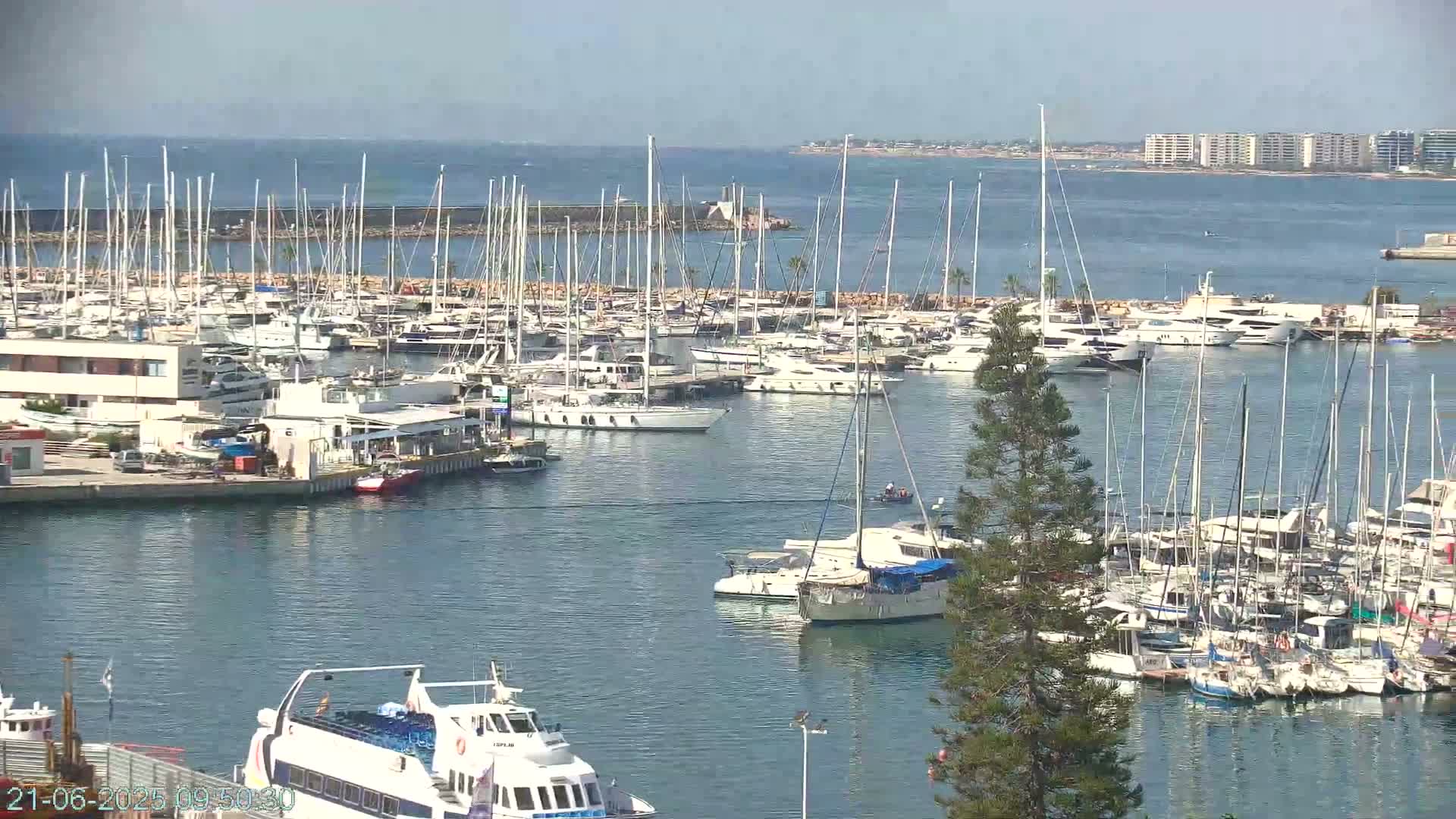 A marina filled with numerous sailboats and yachts is seen on a sunny day, with calm water and a distant coastline visible.
