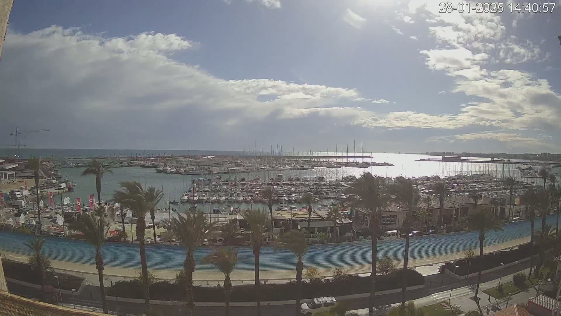 A partly cloudy day overlooks a marina filled with numerous boats and yachts, lined with palm trees and a blue-striped promenade.