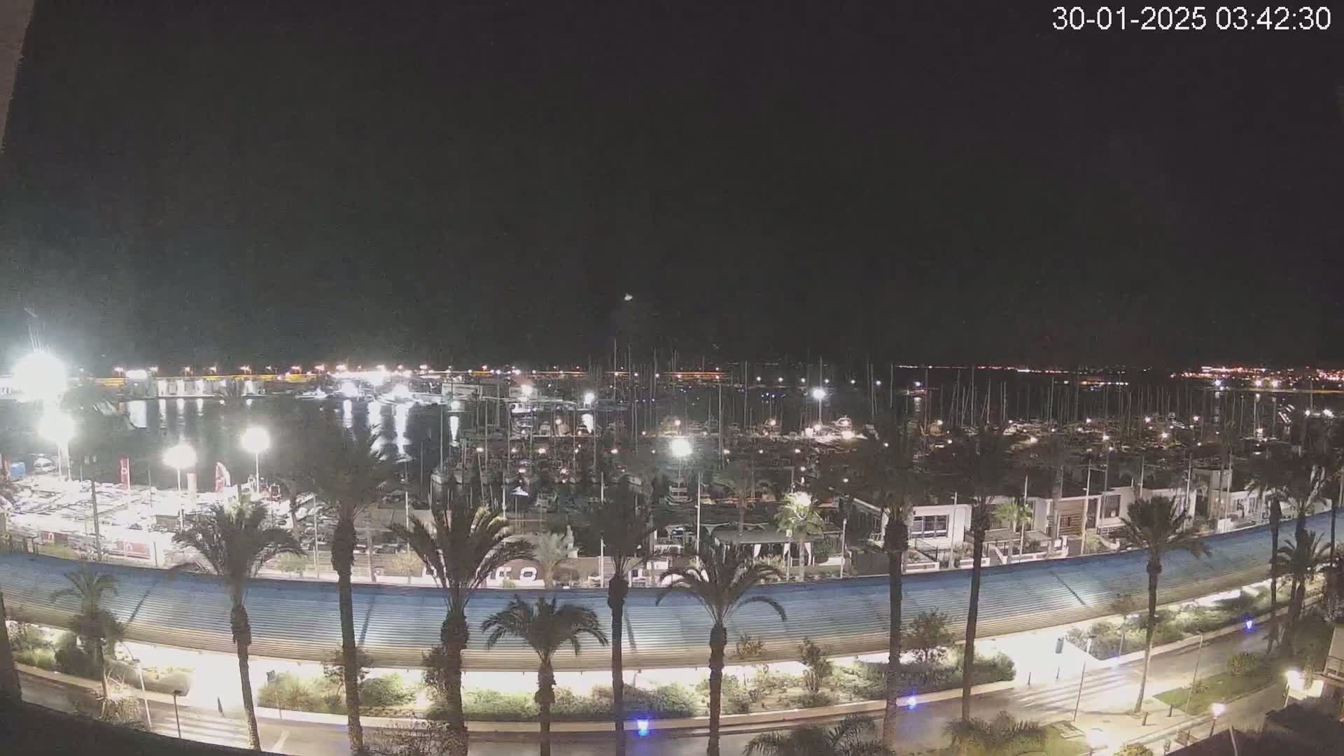 A nighttime view of a marina filled with boats, surrounded by palm trees and a curved structure with stadium-style seating.