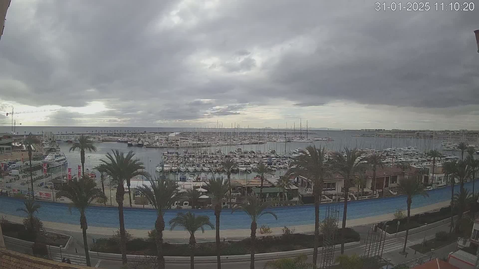 A marina filled with numerous boats is viewed from above on an overcast day.